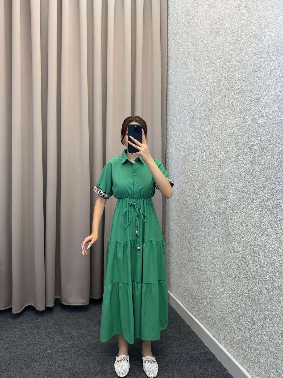 Zhao Gömlek Yaka Yeşil Keten Elbise