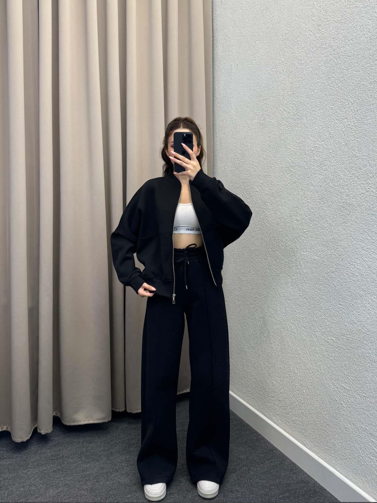 Zumba Üç İplik Şardonlu Siyah Eşofman Takımı