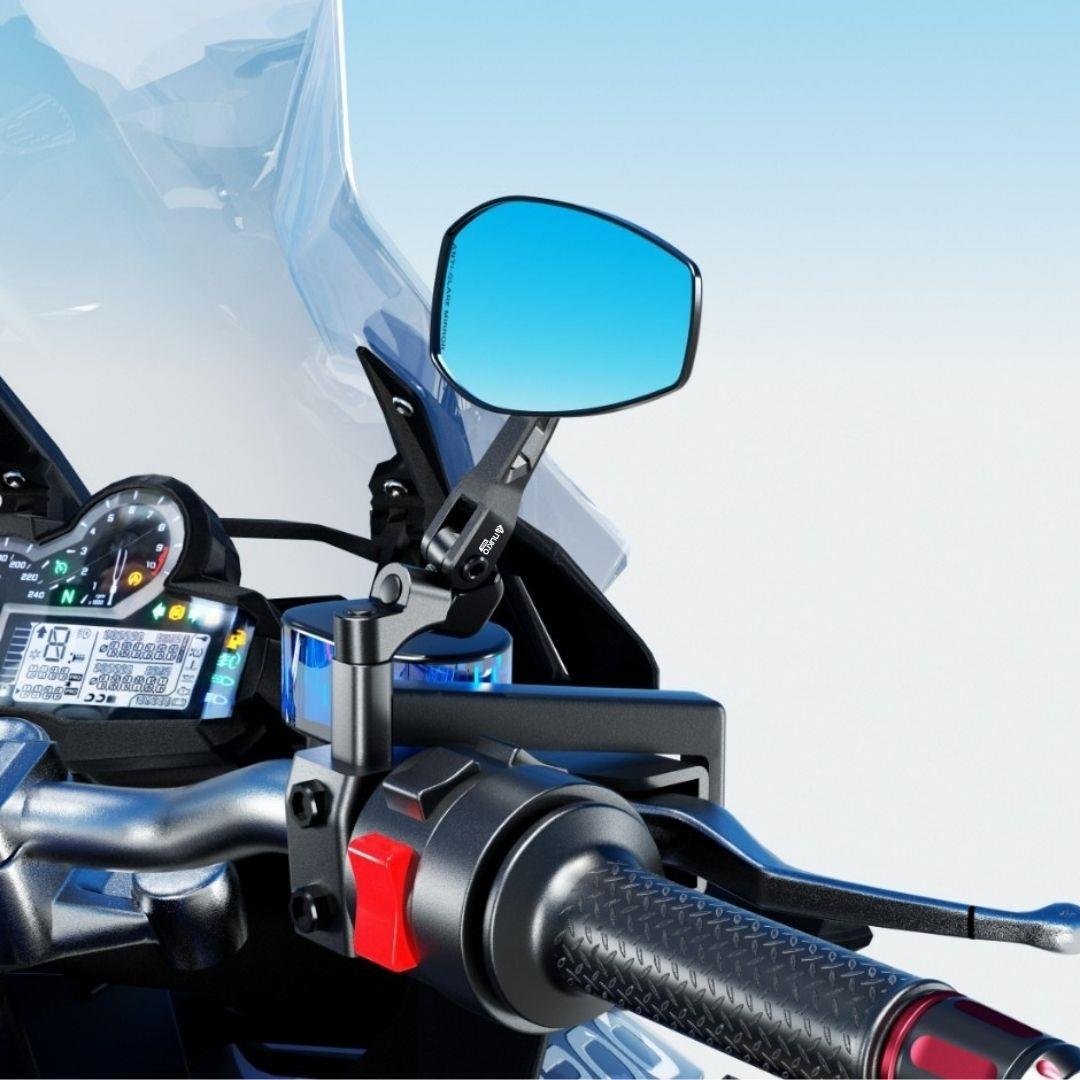 Nukrotech RM-101 Katlanabilir Alüminyum Motosiklet Dikiz Aynası – Mavi Lensli, Geniş Açılı, Hidrofobik Tasarım