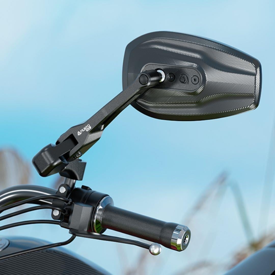 Nukrotech RM-101 Katlanabilir Alüminyum Motosiklet Dikiz Aynası – Mavi Lensli, Geniş Açılı, Hidrofobik Tasarım