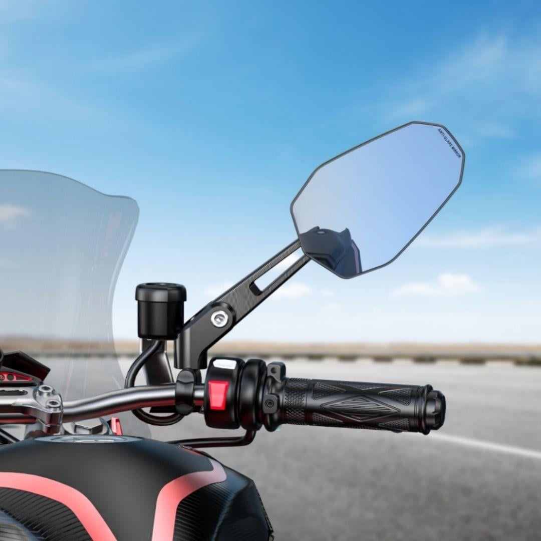 Nukrotech RM-201 Katlanabilir Alüminyum Motosiklet Dikiz Aynası – Mavi Cam - Hidrofobik Tasarım