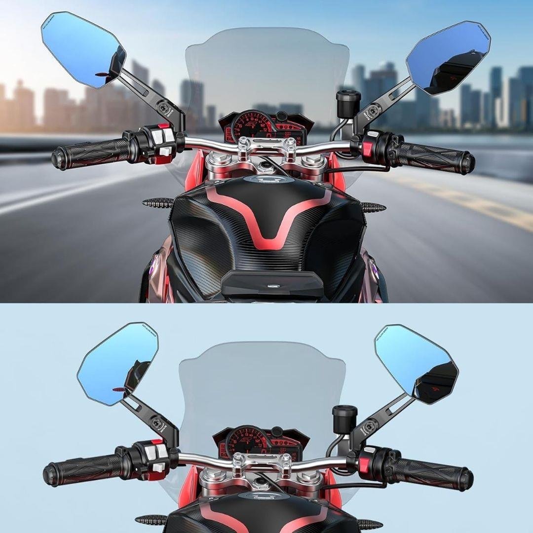 Nukrotech RM-201 Katlanabilir Alüminyum Motosiklet Dikiz Aynası – Mavi Cam - Hidrofobik Tasarım