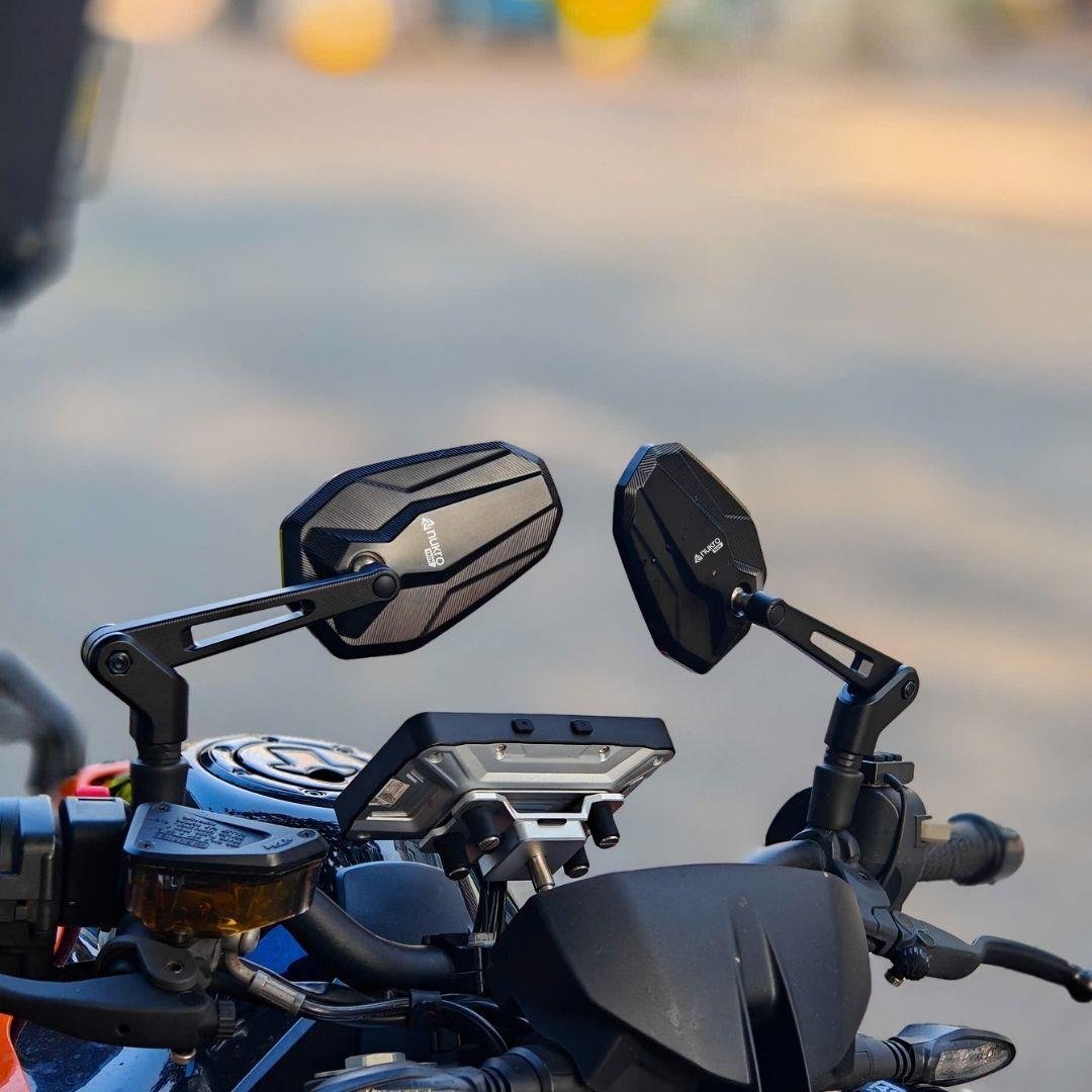 Nukrotech RM-201 Katlanabilir Alüminyum Motosiklet Dikiz Aynası – Mavi Cam - Hidrofobik Tasarım
