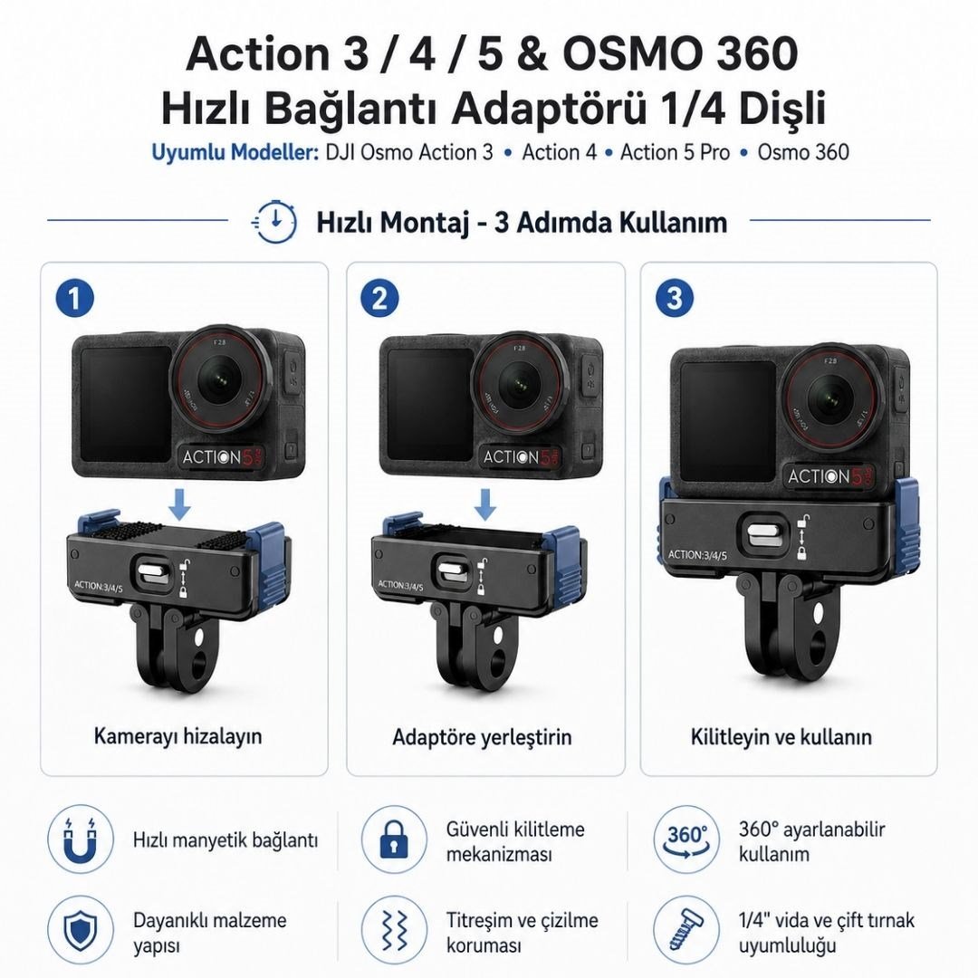 QUICKDOCK QDX4-A3 Manyetik ve Kilitli Aksiyon Kamera Montaj Adaptörü 1/4 Dişli – Action 3/4/5 Pro Uyumlu