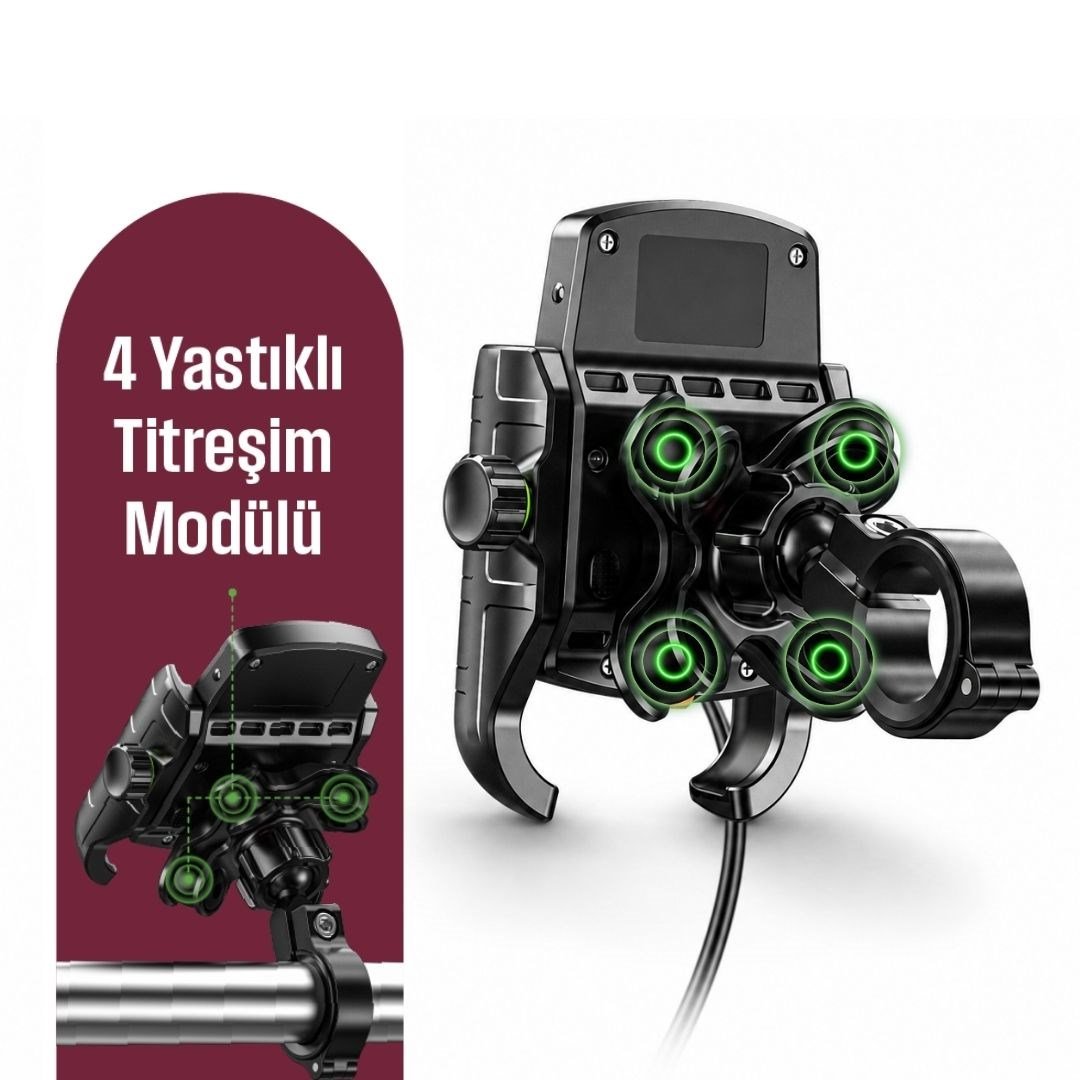 SF Pro 4 Yastıklı Titreşim Modüllü Motosiklet Telefon Tutucu – 15W Kablosuz Şarj & USB-C Hızlı Şarj