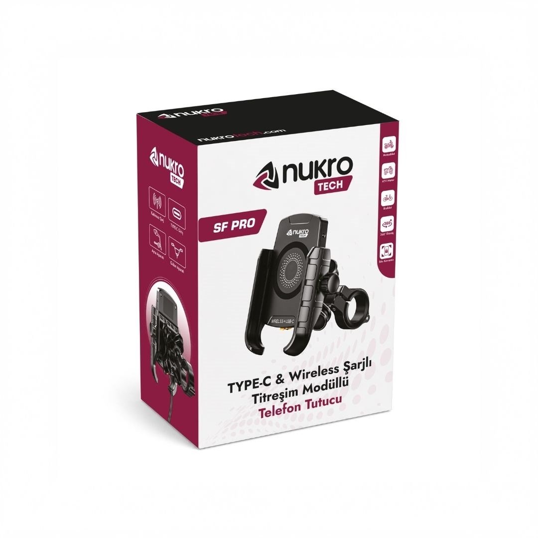 SF Pro 4 Yastıklı Titreşim Modüllü Motosiklet Telefon Tutucu – 15W Kablosuz Şarj & USB-C Hızlı Şarj
