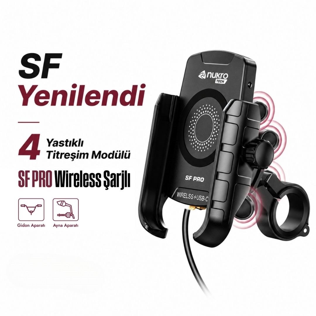 SF Pro 4 Yastıklı Titreşim Modüllü Motosiklet Telefon Tutucu – 15W Kablosuz Şarj & USB-C Hızlı Şarj