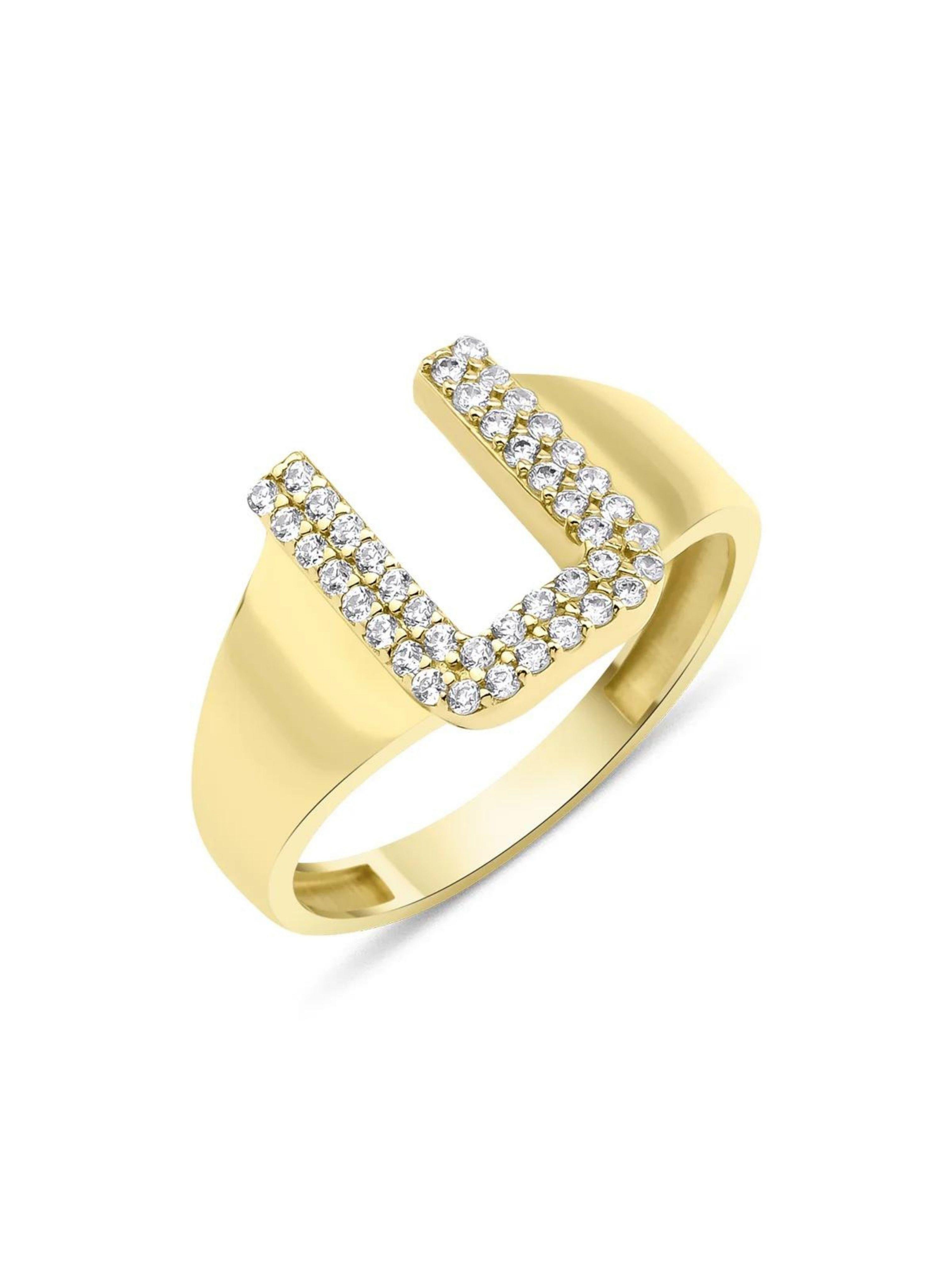 14 Ayar Altın Taşlı U Harfli Yüzük14 Ayar Altın Taşlı U Harfli Yüzük