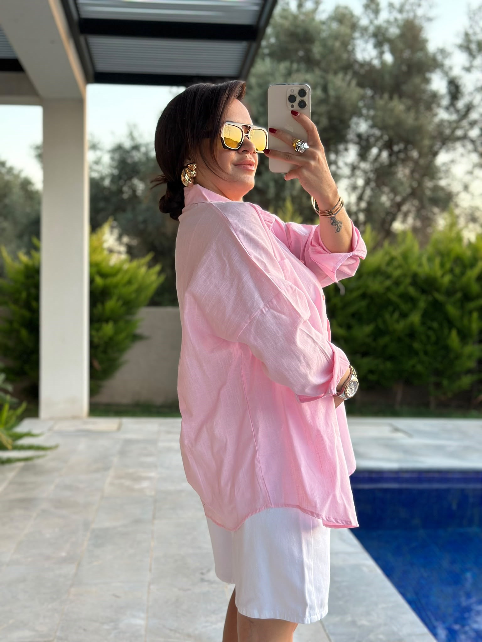 Açık Pembe Çift Cepli Oversize Gömlek