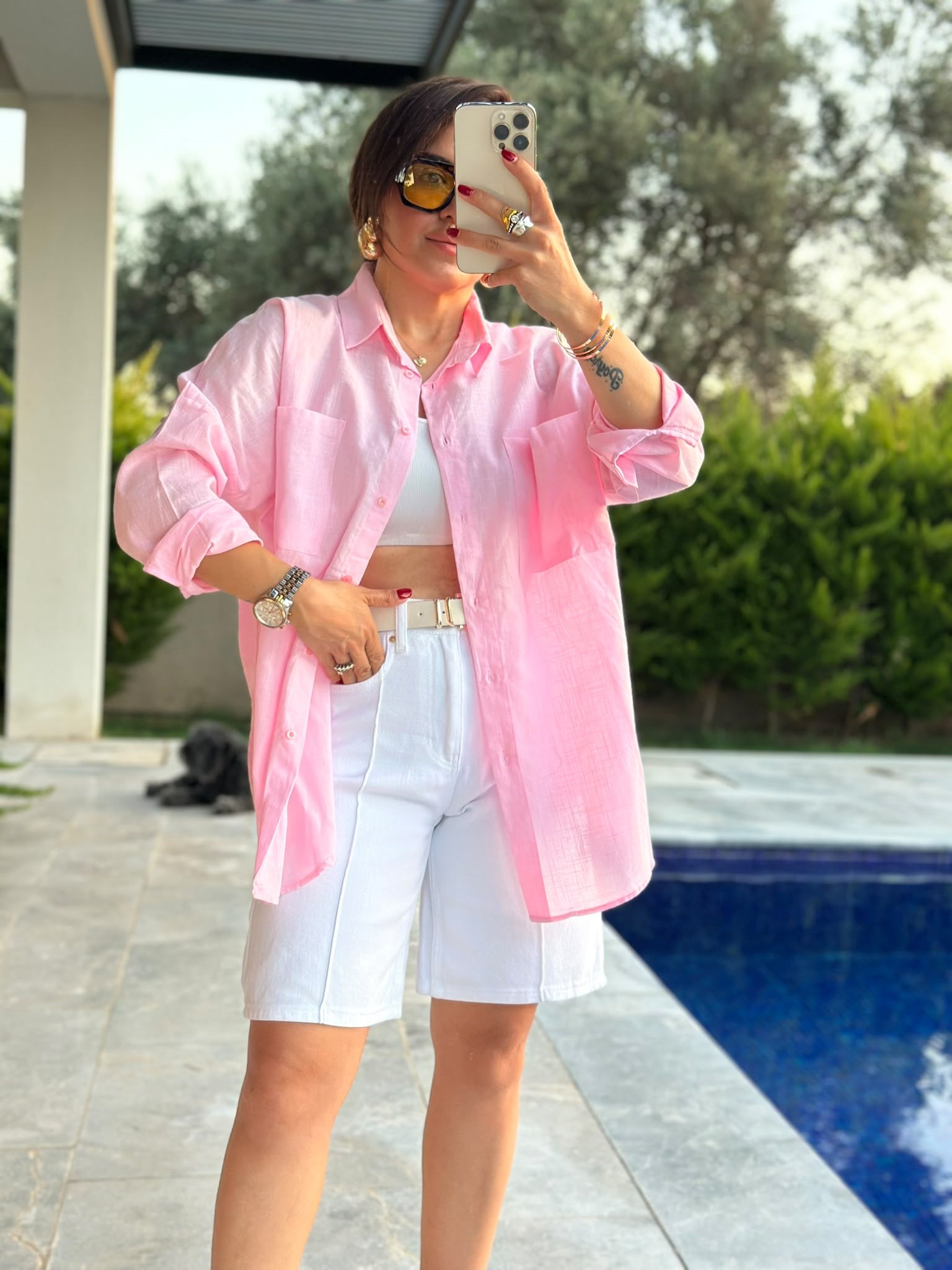Açık Pembe Çift Cepli Oversize Gömlek
