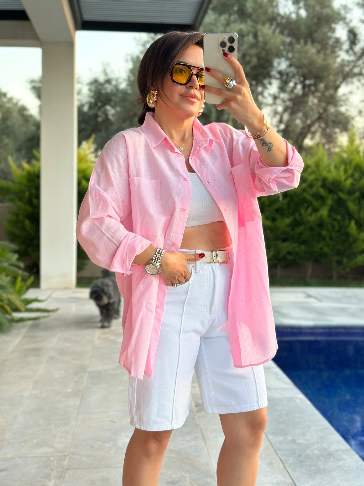 Açık Pembe Çift Cepli Oversize Gömlek