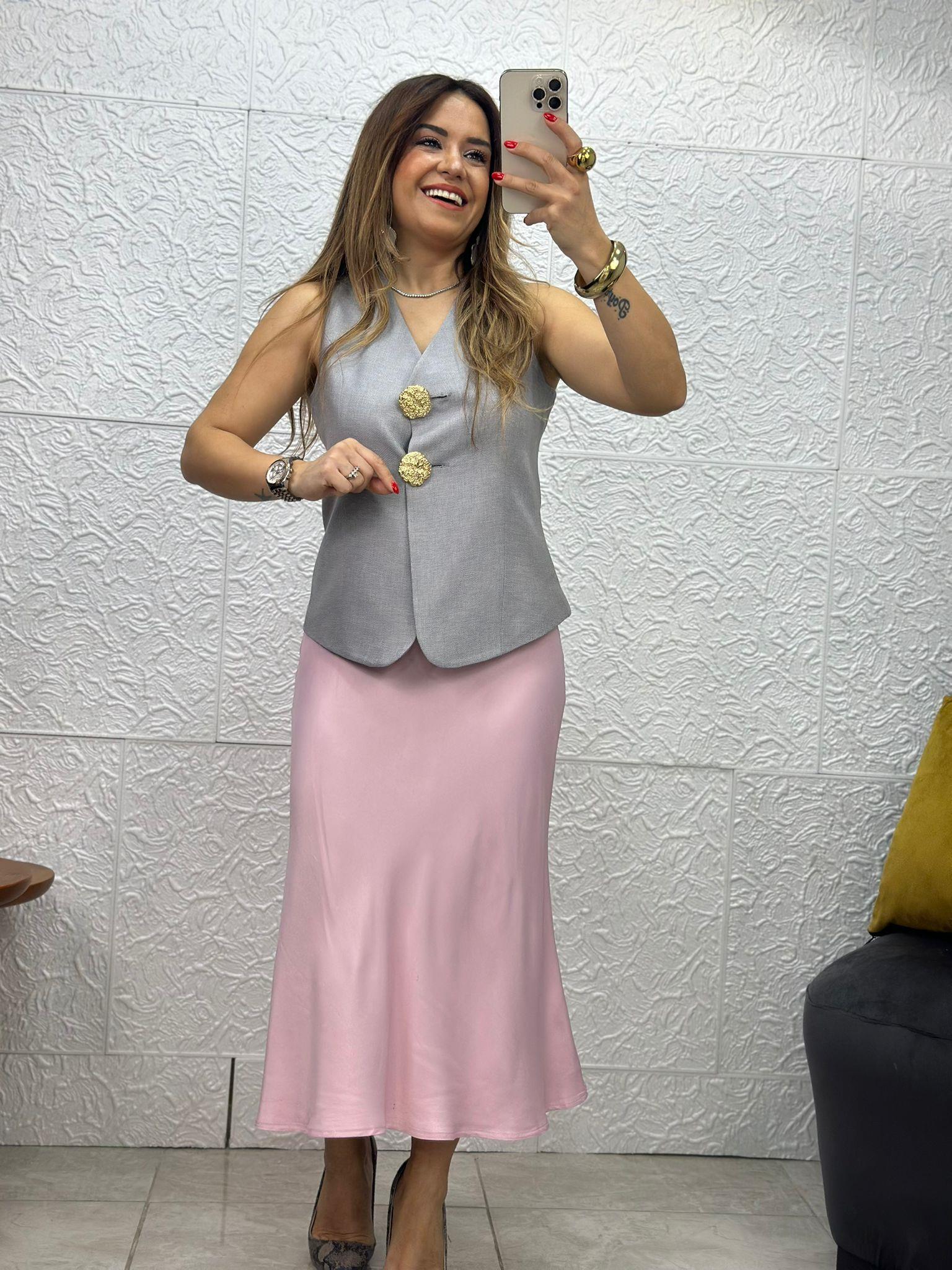 Açık Pembe Saten Midi Etek