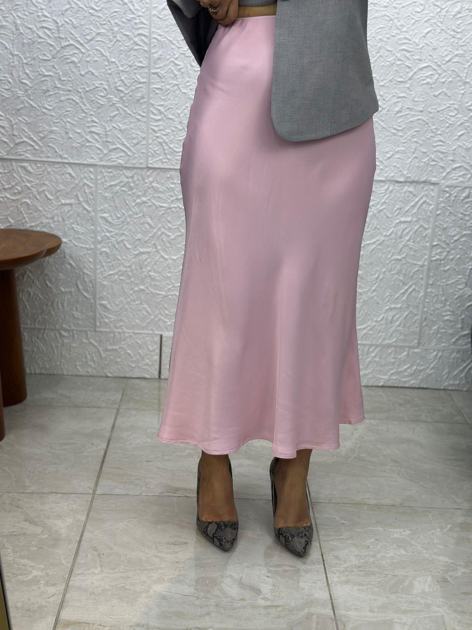 Açık Pembe Saten Midi Etek