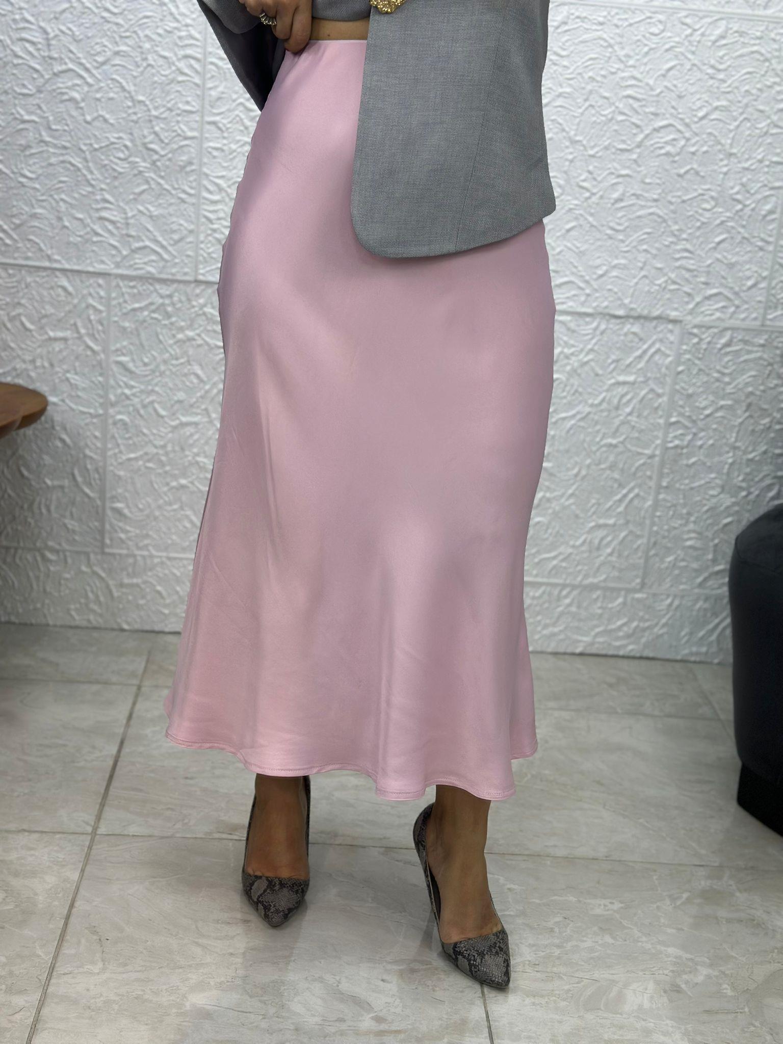 Açık Pembe Saten Midi Etek