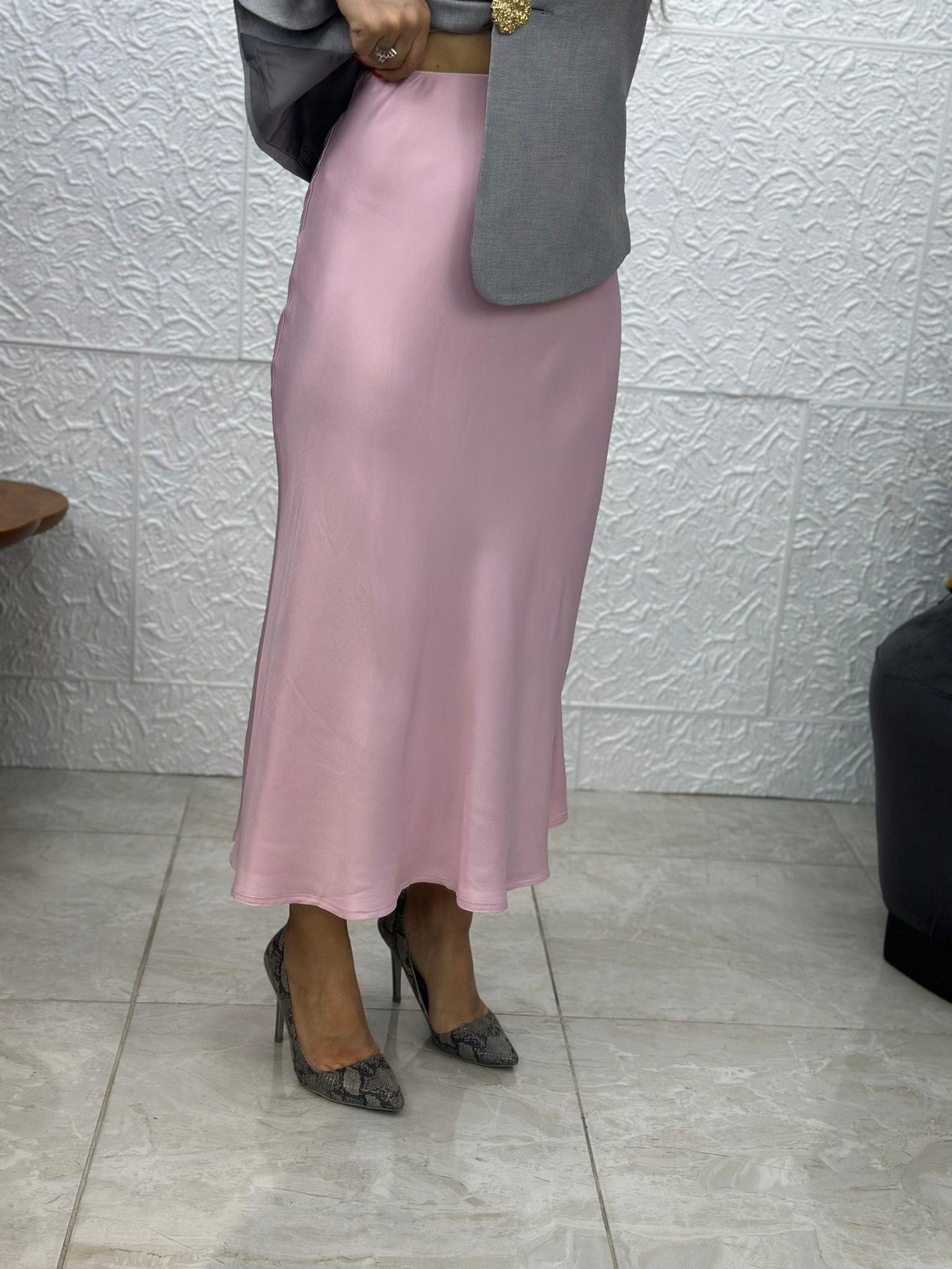 Açık Pembe Saten Midi Etek