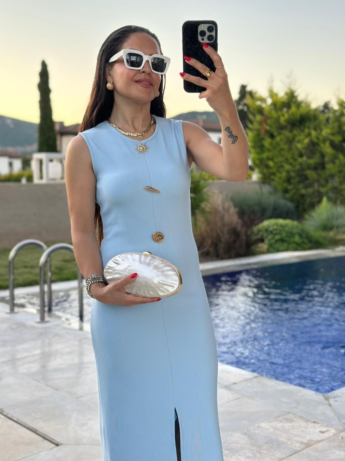 Aksesuar Düğmeli Uzun Bebe Mavi Elbise