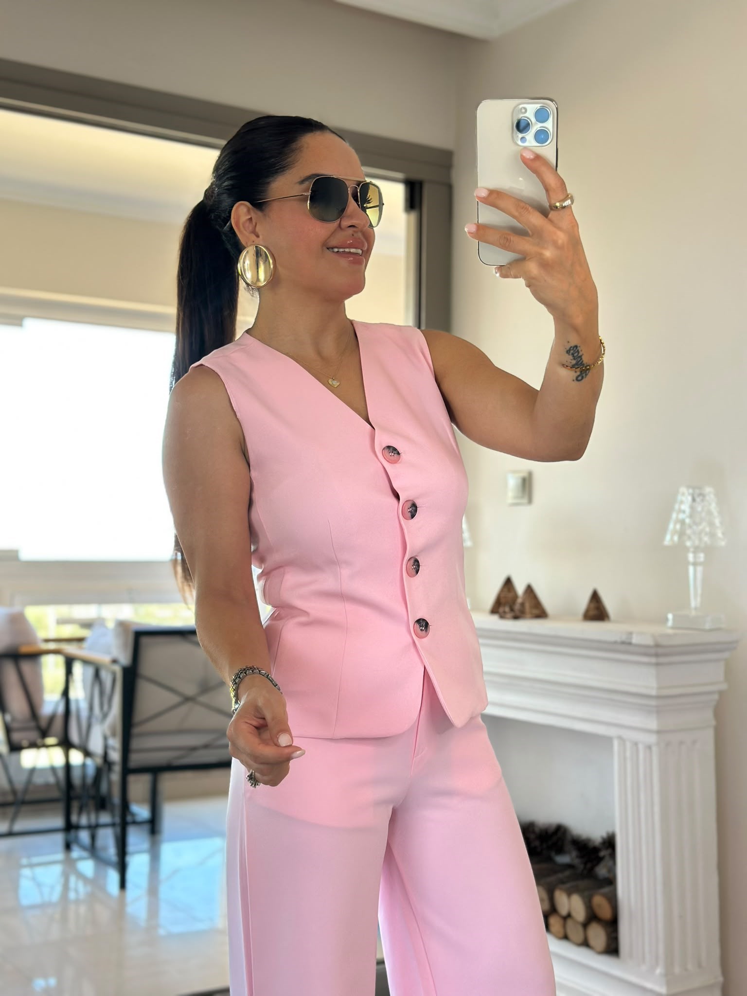Arkası Çapraz Bağlamalı Yelek Şeker Pembe