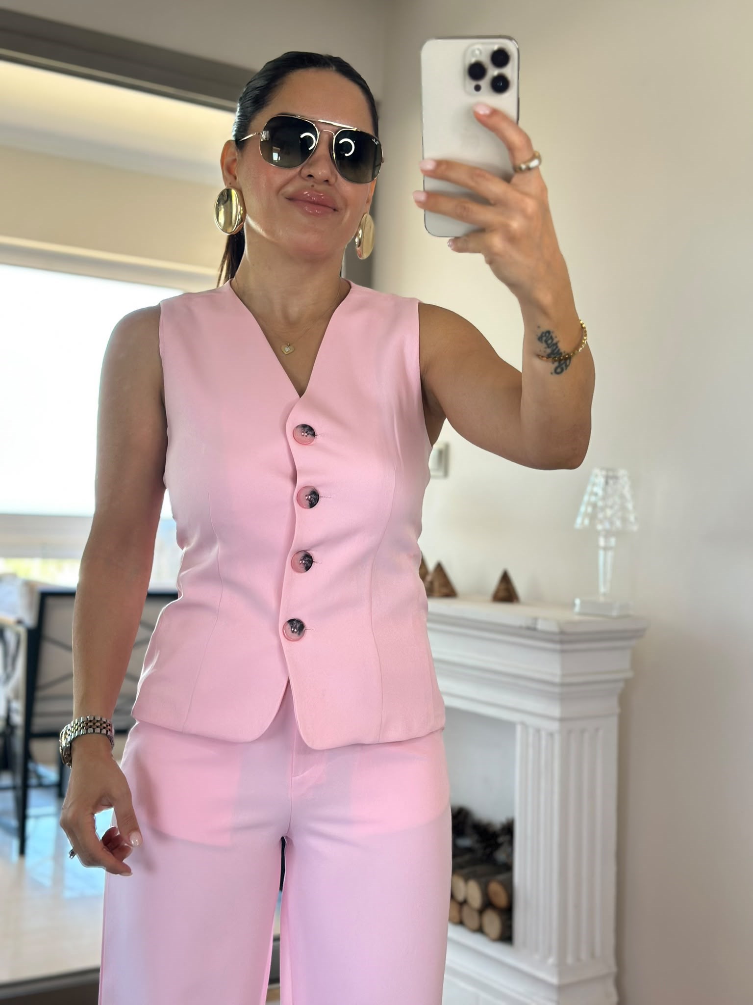 Arkası Çapraz Bağlamalı Yelek Şeker Pembe