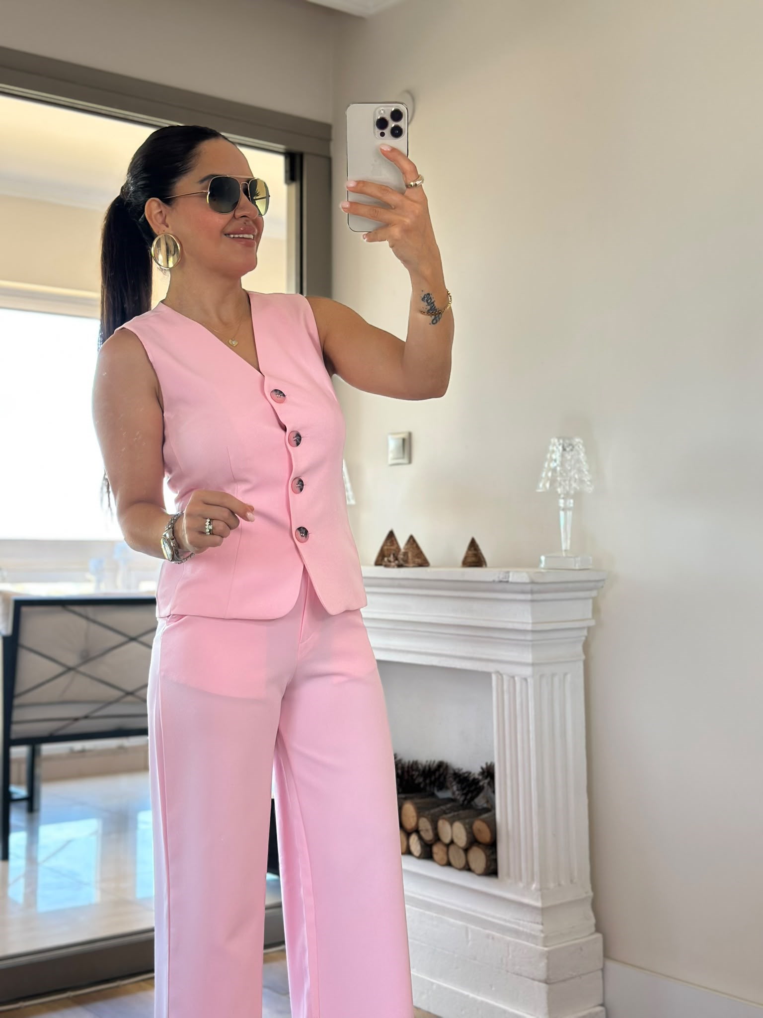 Arkası Çaprazlı Yelek Pantolon Takım Pembe