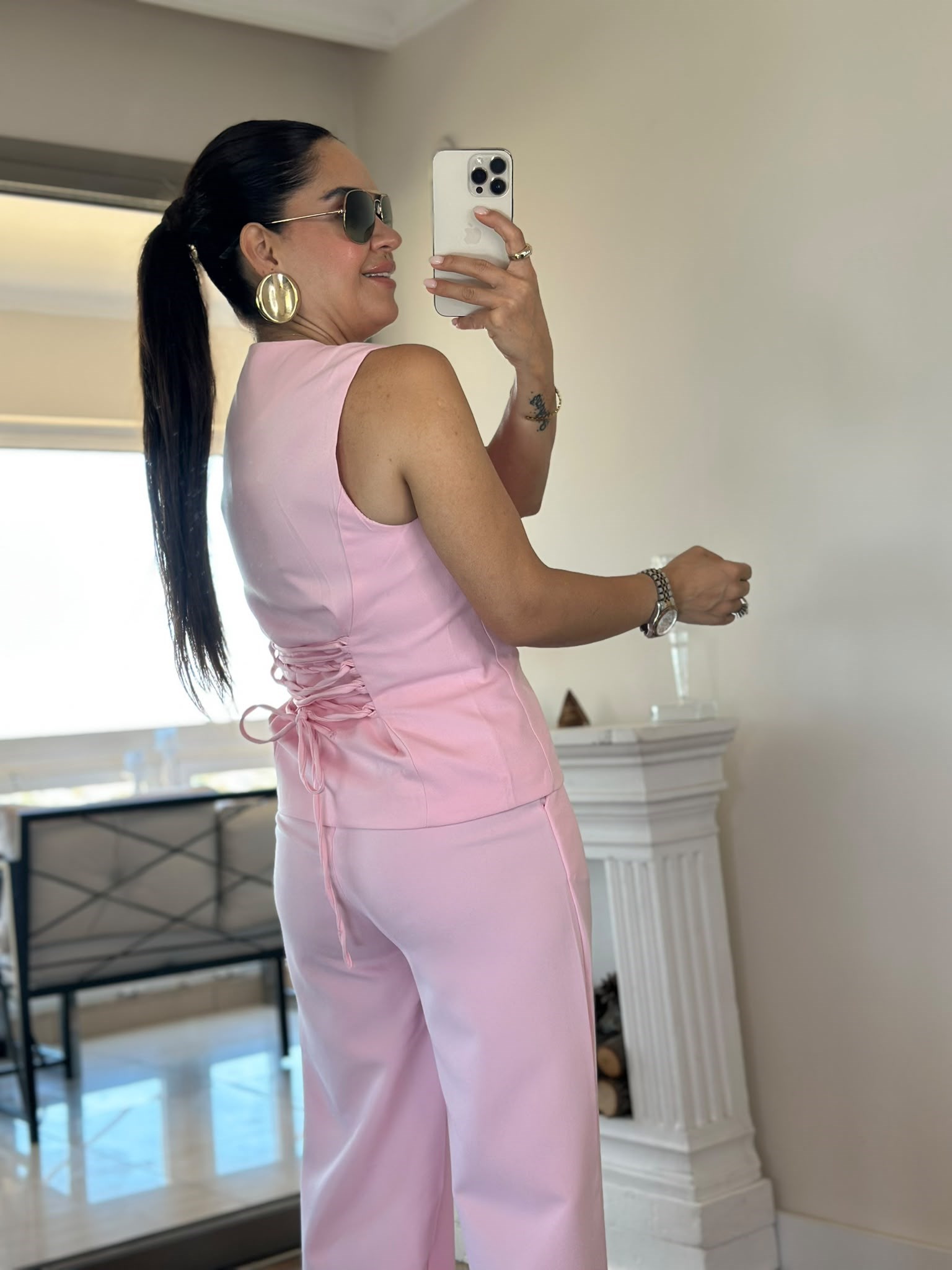 Arkası Çaprazlı Yelek Pantolon Takım Pembe