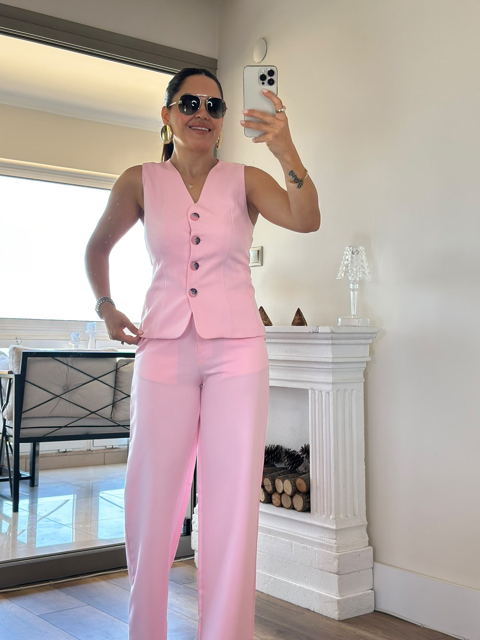 Arkası Çaprazlı Yelek Pantolon Takım Pembe