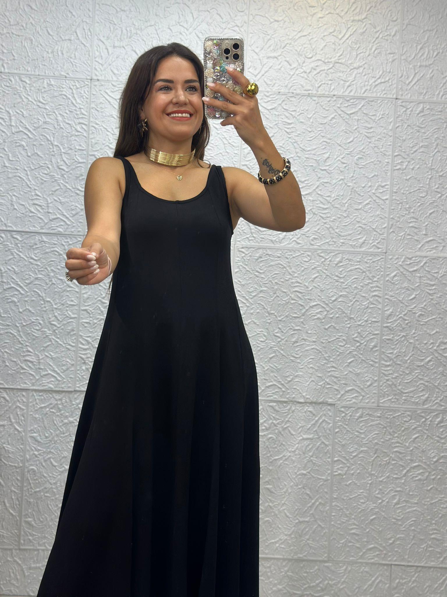 Askılı Önden Çizgili Siyah Elbise