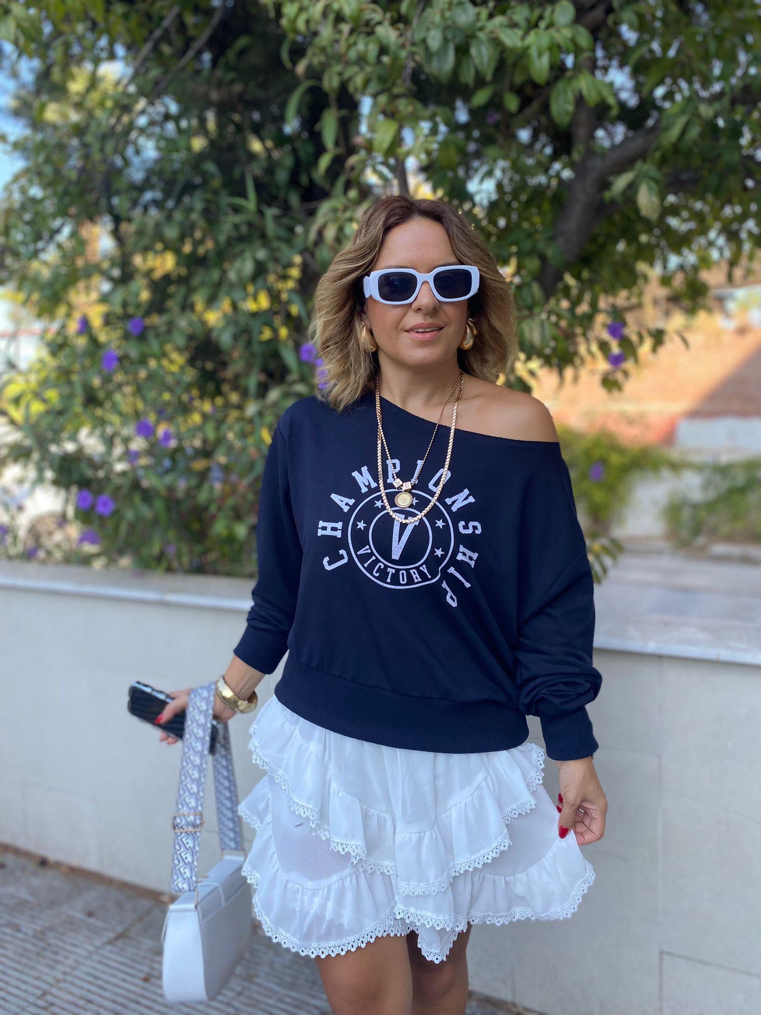 Baskılı Kayık Yaka Lacivert Sweatshirt