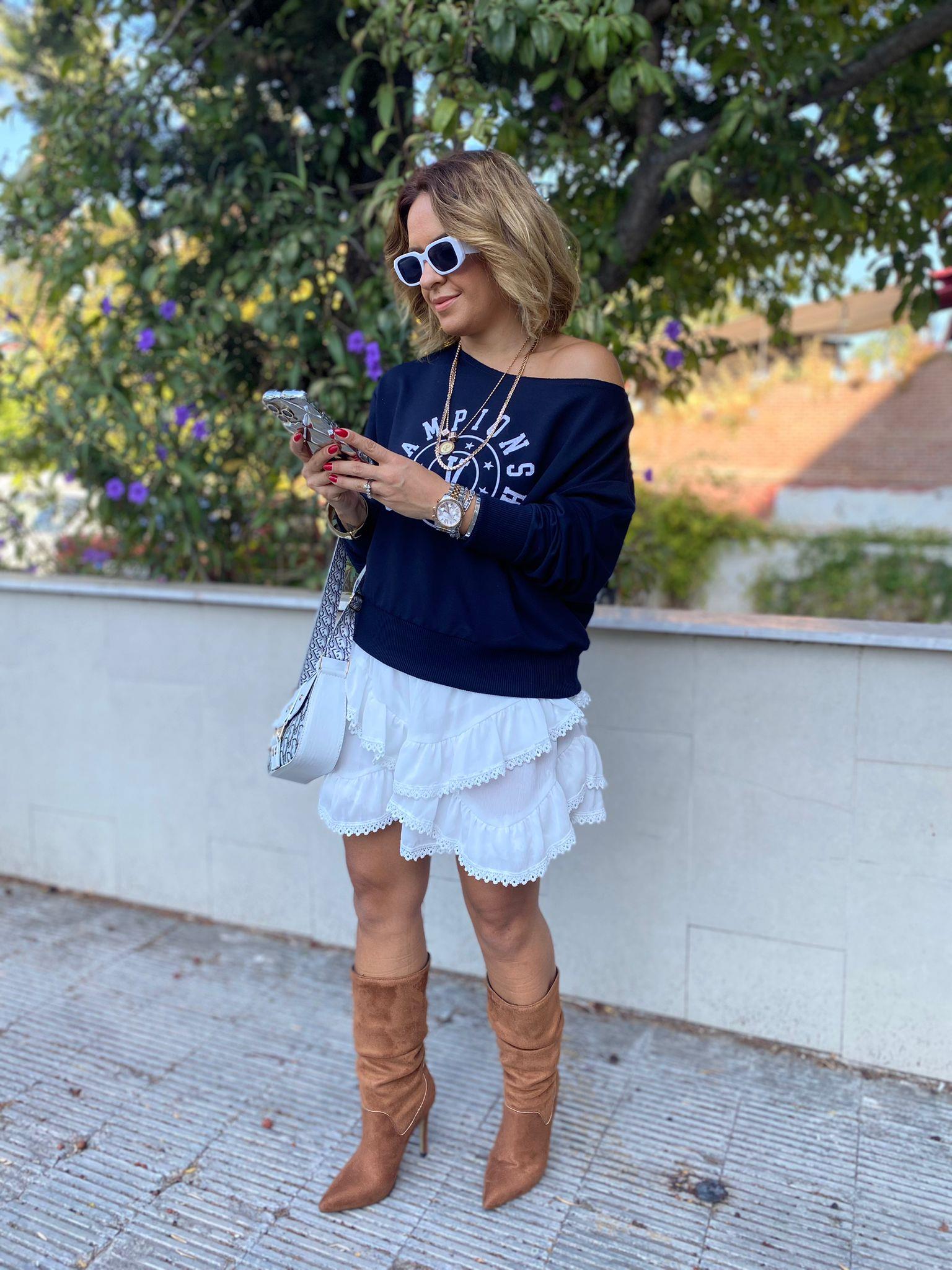 Baskılı Kayık Yaka Lacivert Sweatshirt