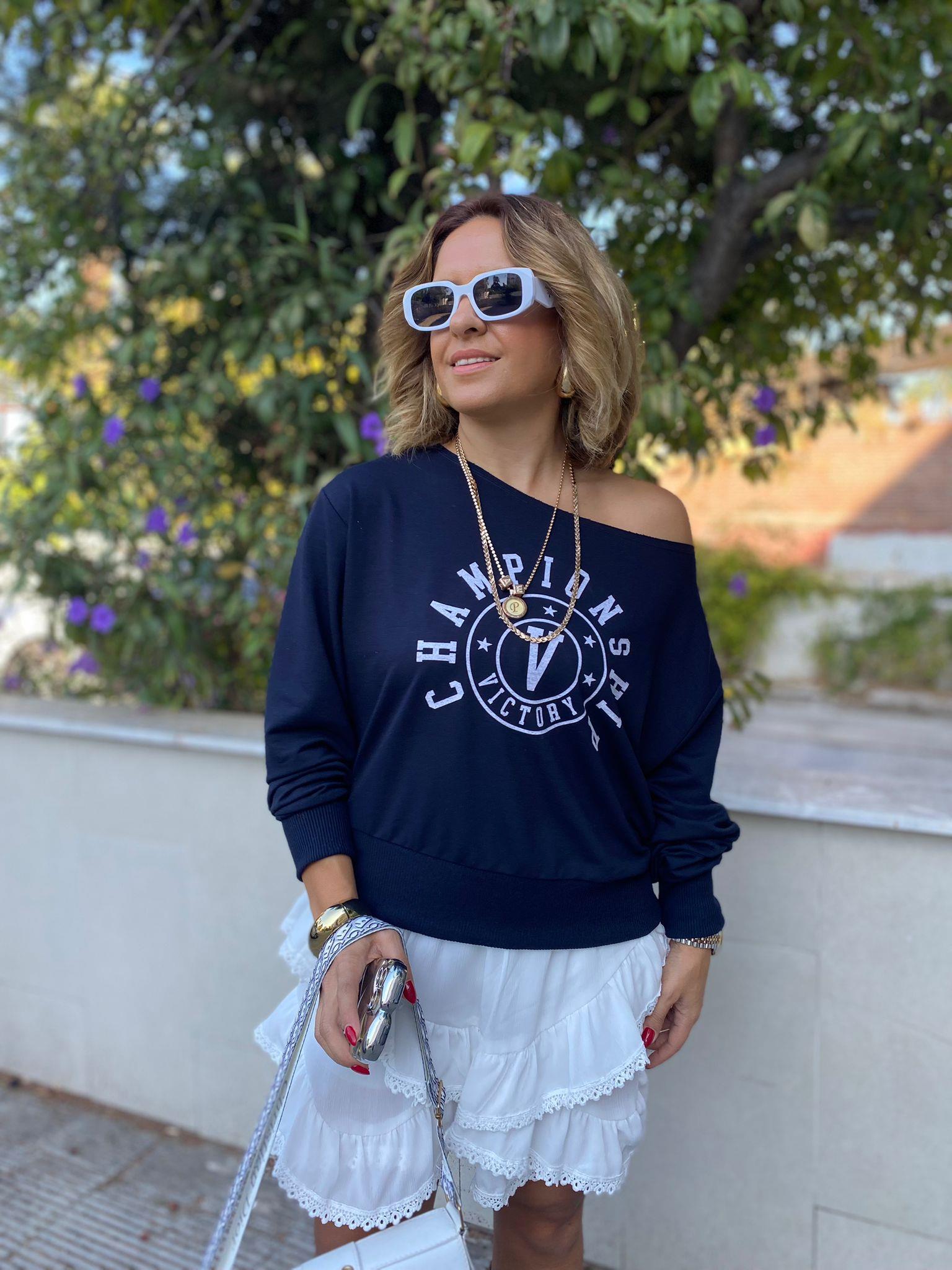 Baskılı Kayık Yaka Lacivert Sweatshirt