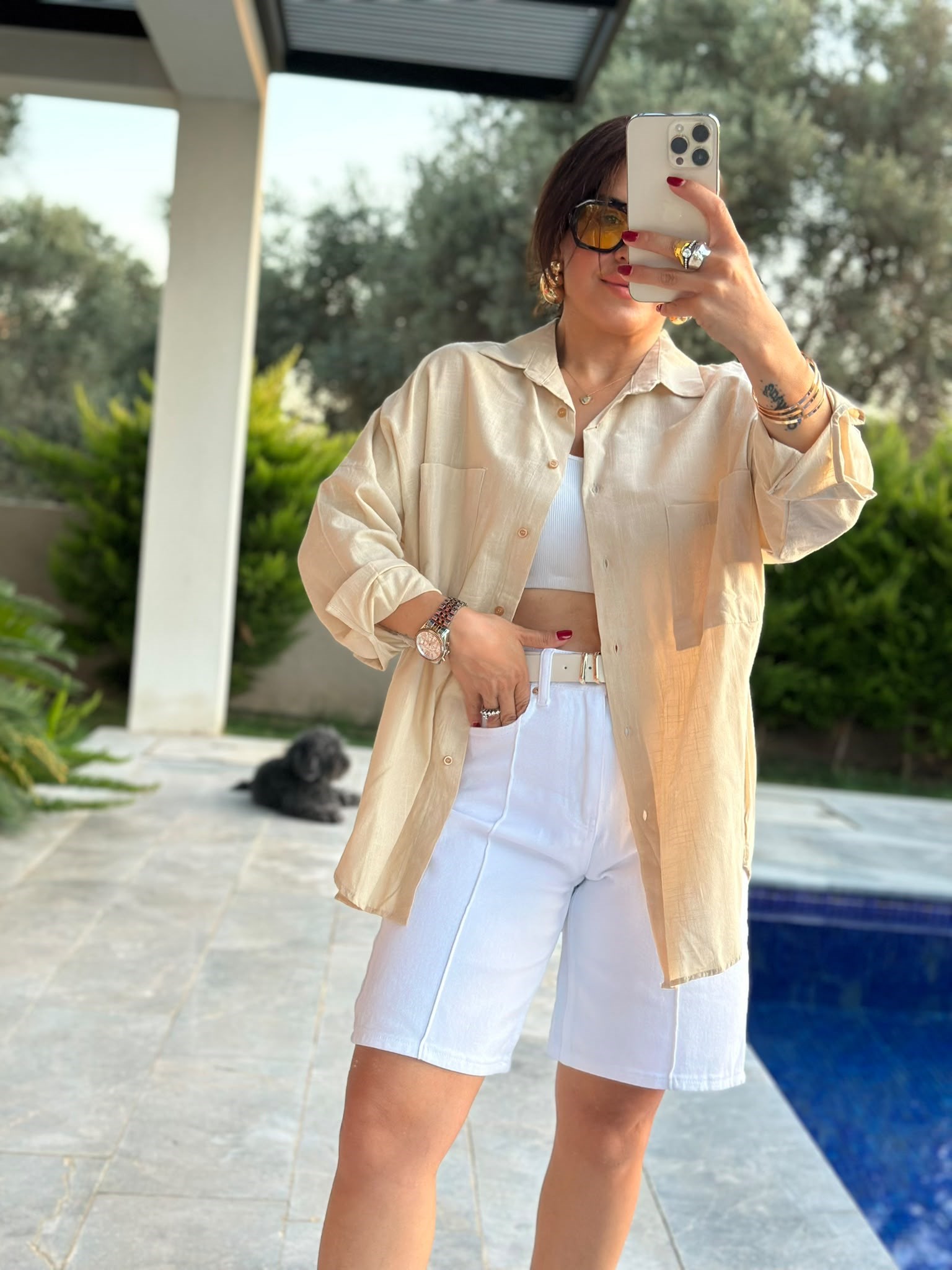 Bej Çift Cepli Oversize Gömlek