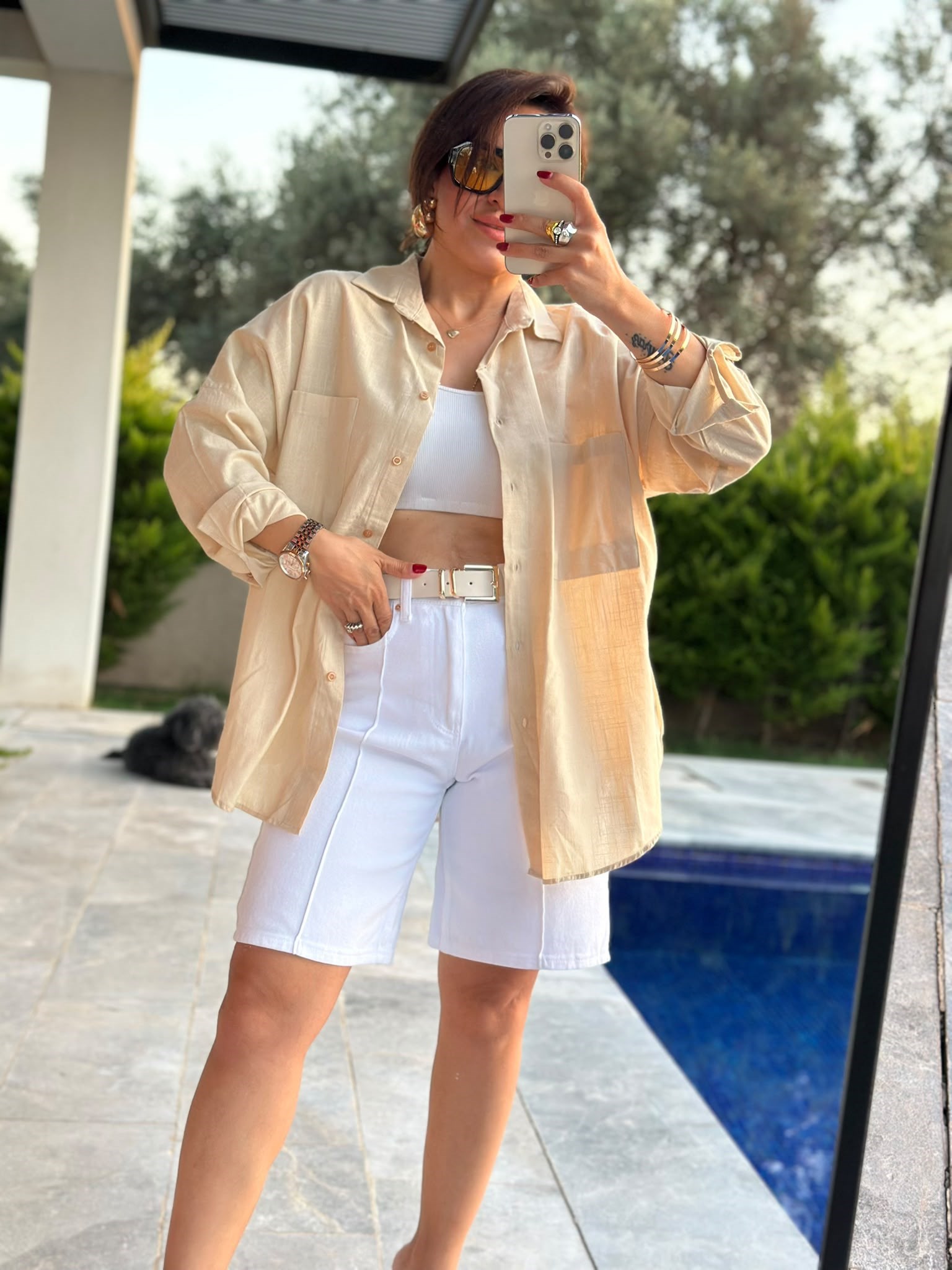 Bej Çift Cepli Oversize Gömlek