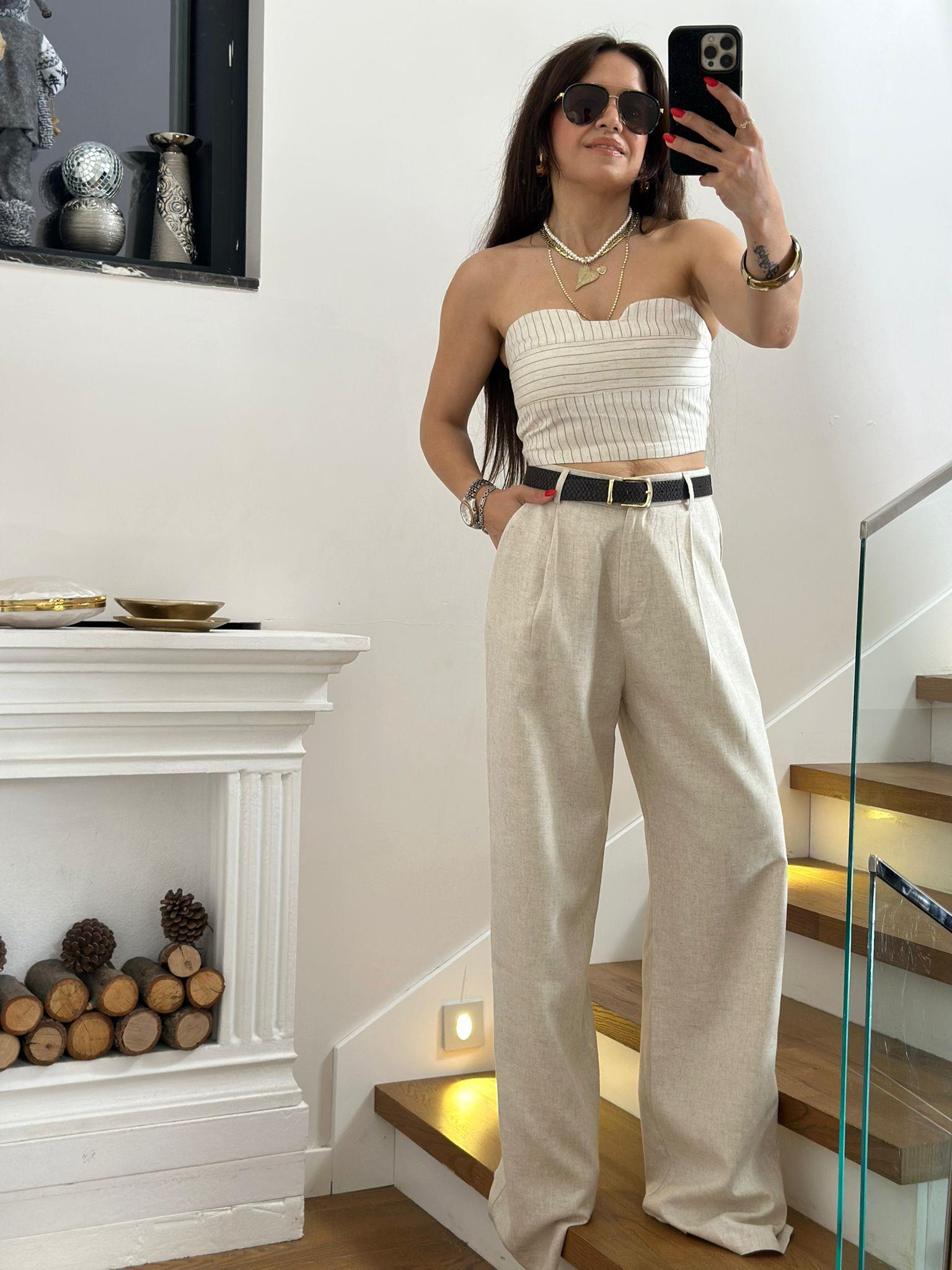 Bej Straplez Keten Pantolon Takım