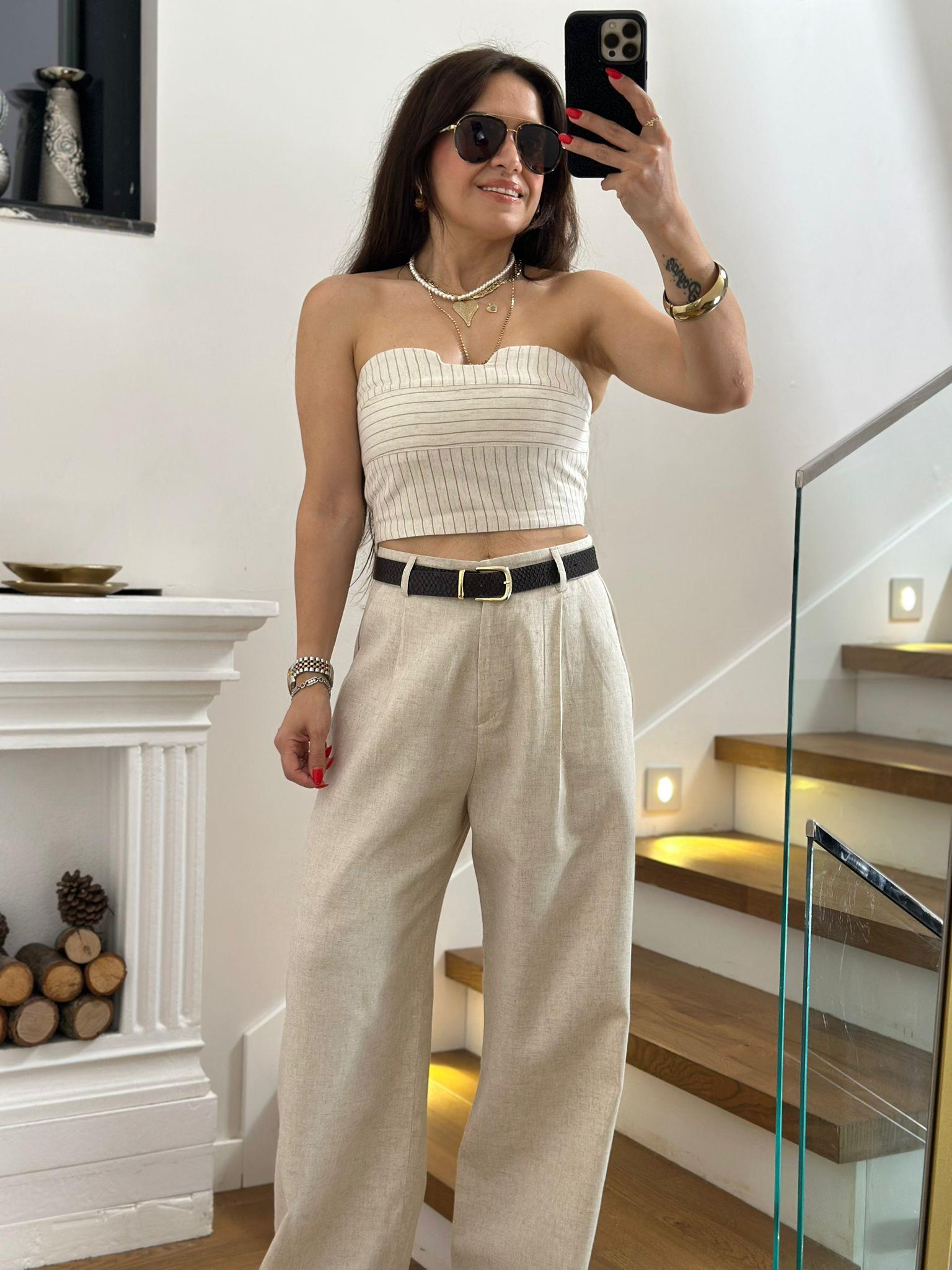 Bej Straplez Keten Pantolon Takım