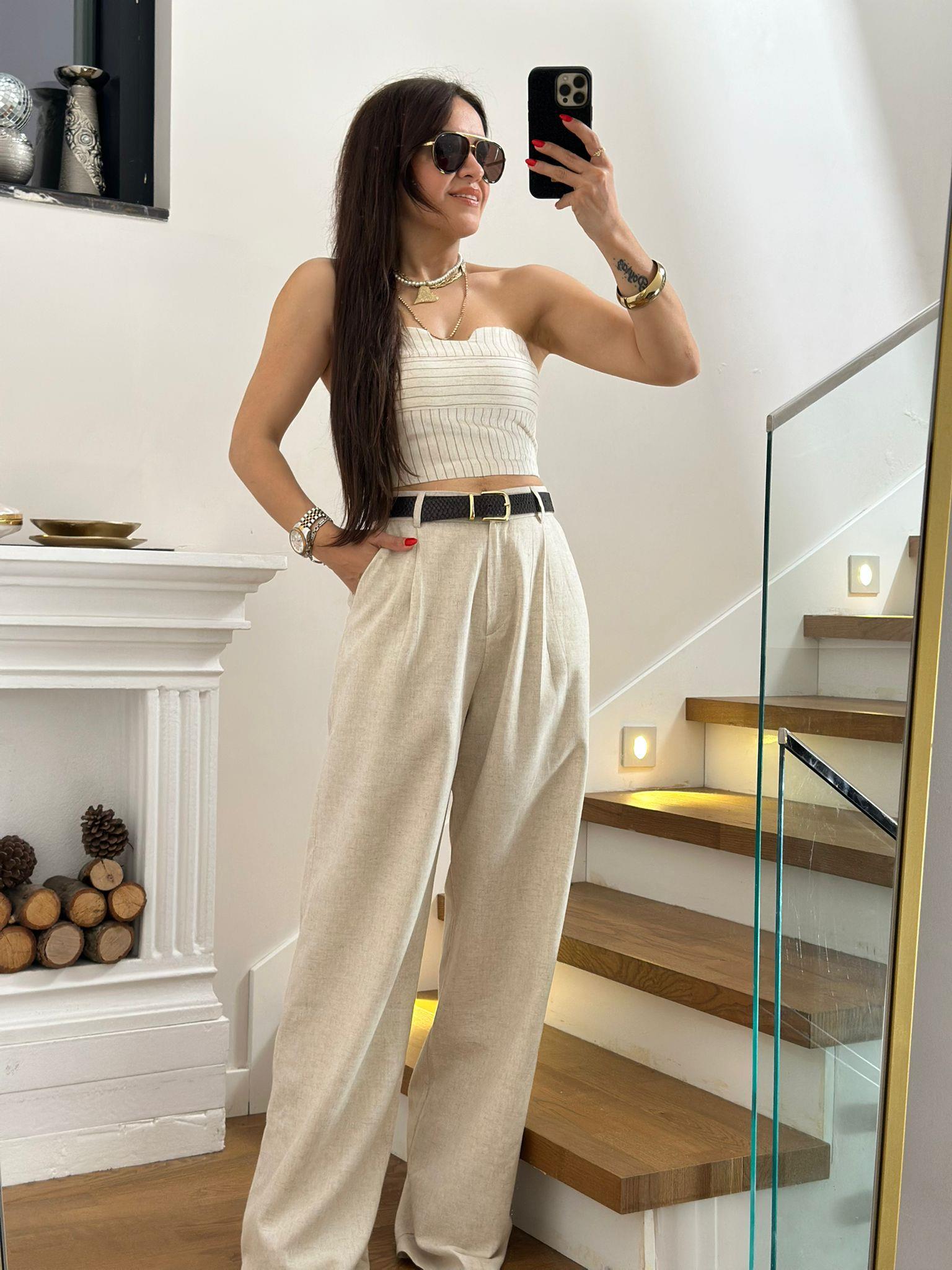 Bej Straplez Keten Pantolon Takım