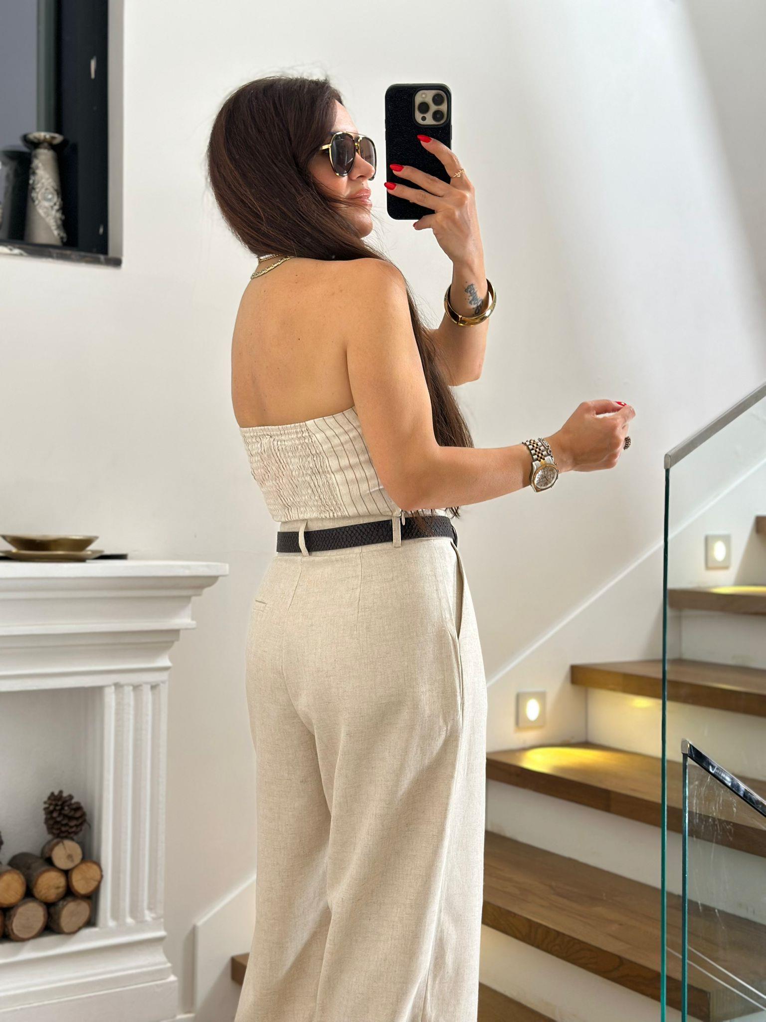 Bej Straplez Keten Pantolon Takım