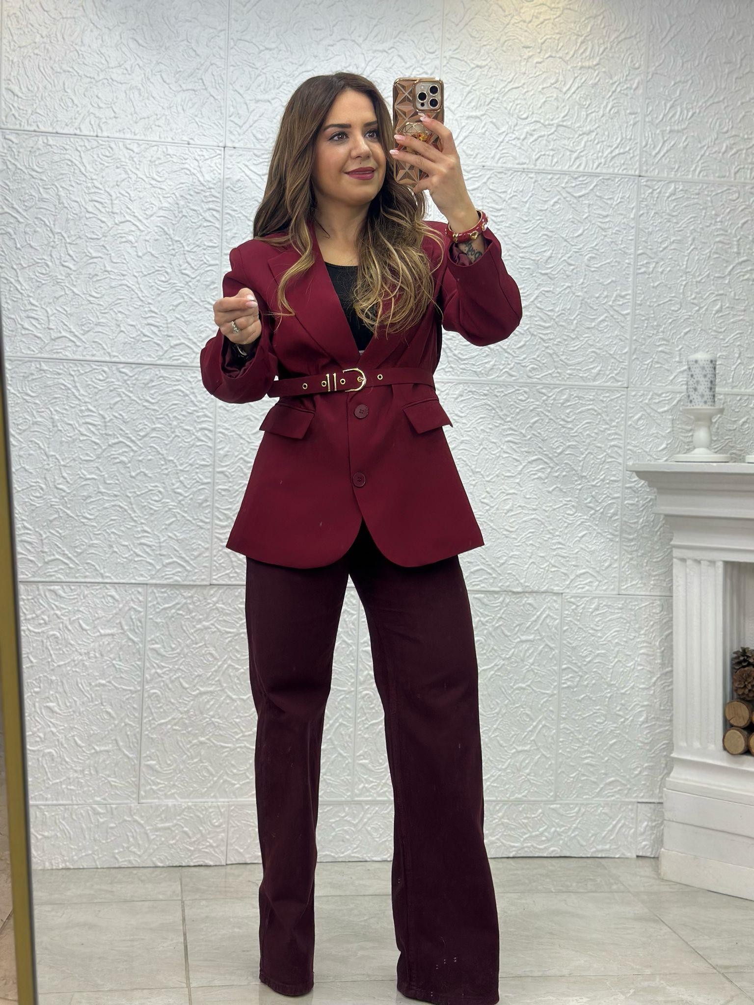 Beli Kemerli Bordo Blazer Ceket