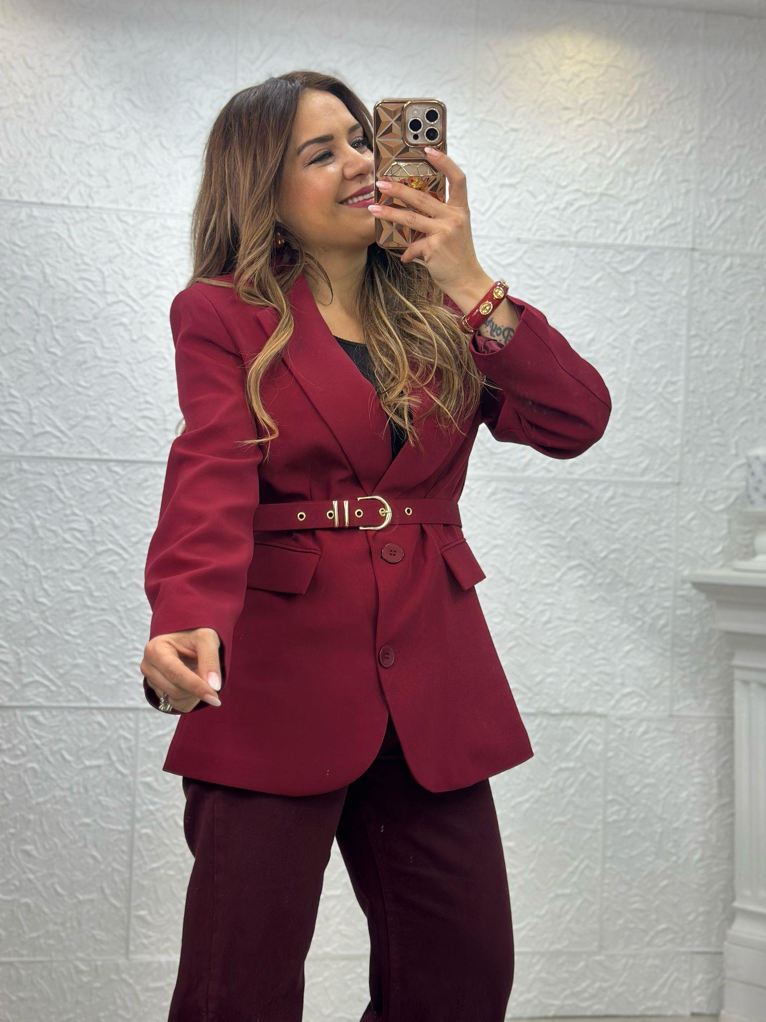 Beli Kemerli Bordo Blazer Ceket