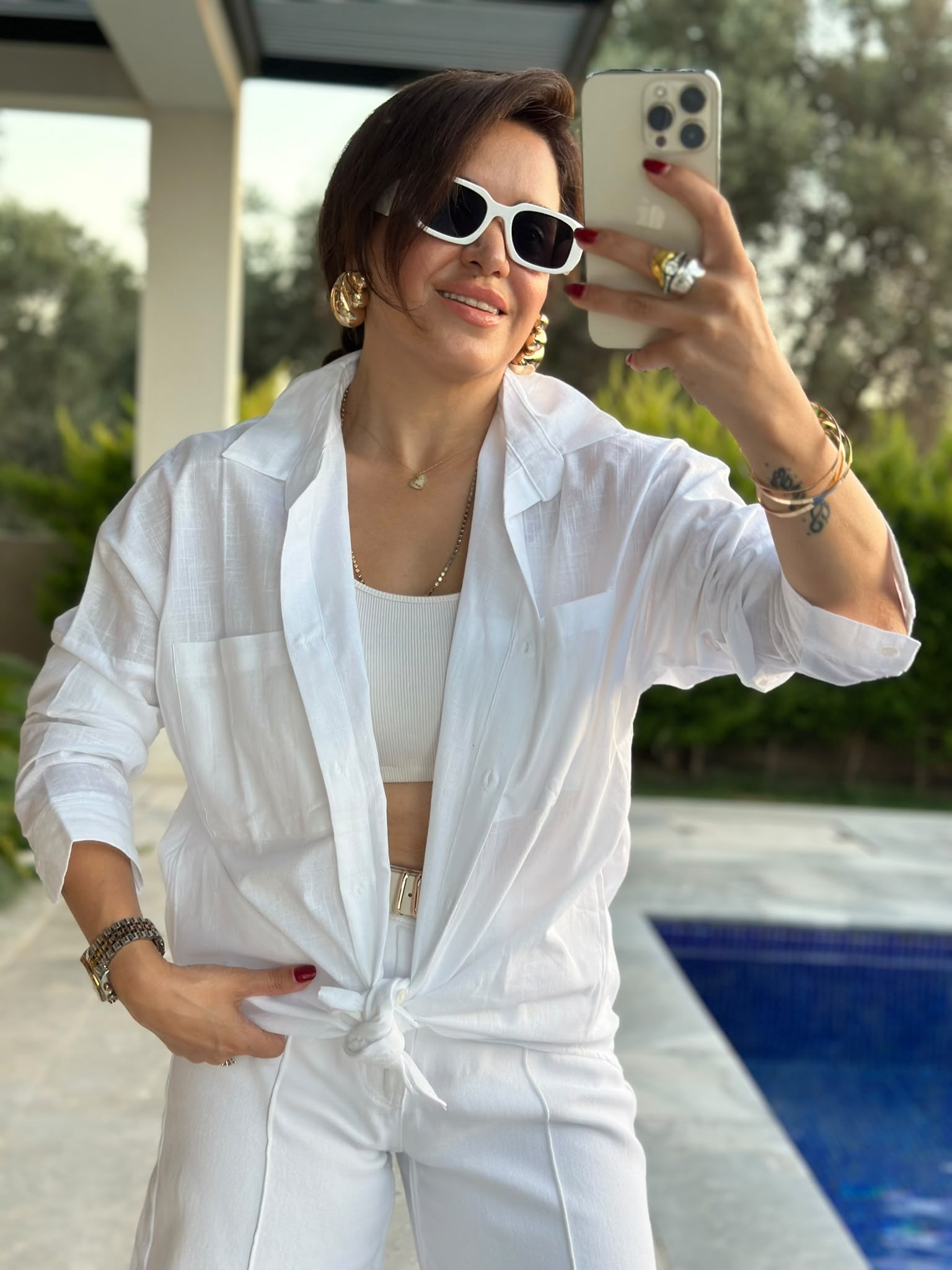 Beyaz Çift Cepli Oversize Gömlek