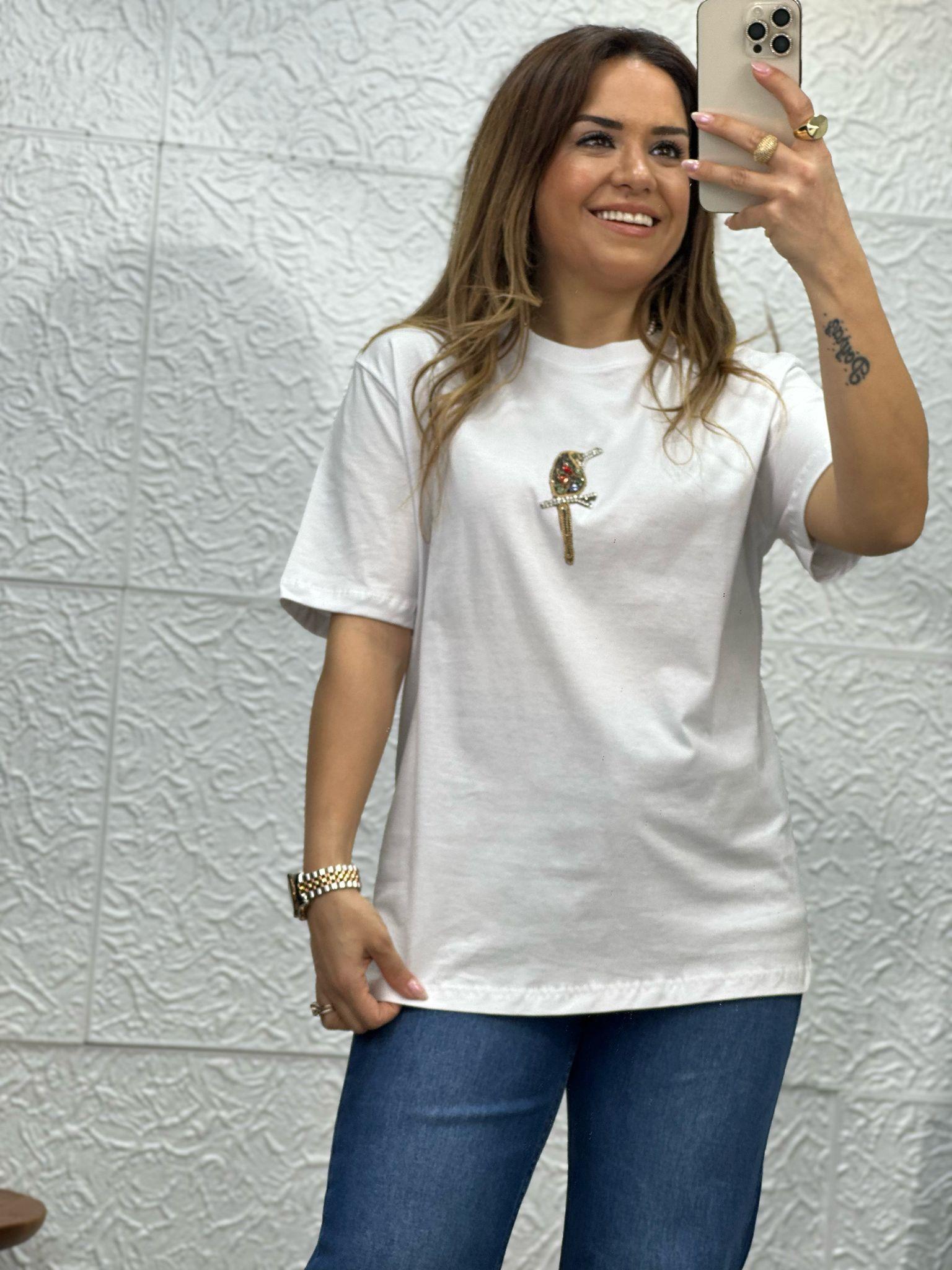 Beyaz Kuşlu Tshirt