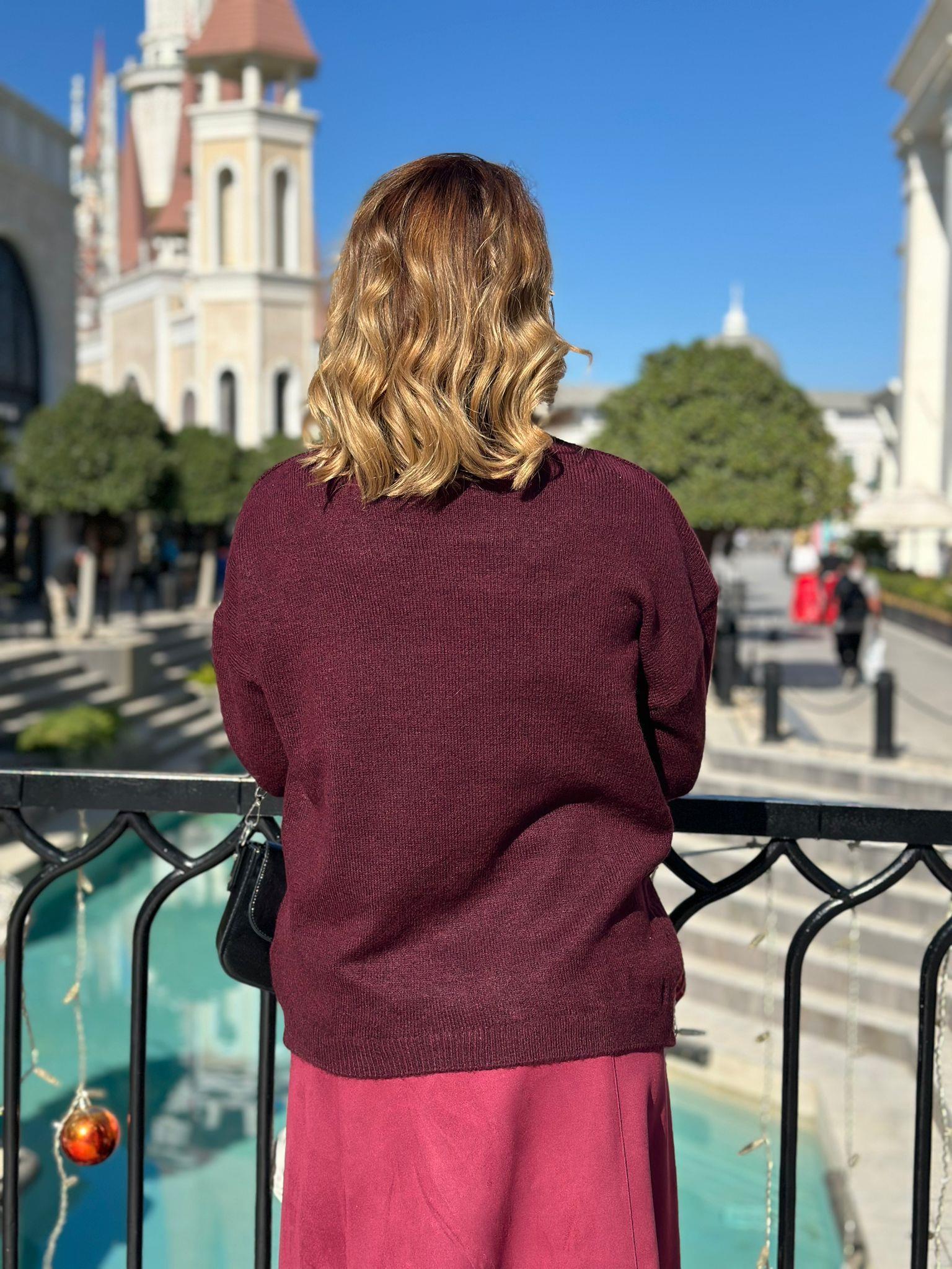 Bisiklet Yaka Bordo Uzun Kazak