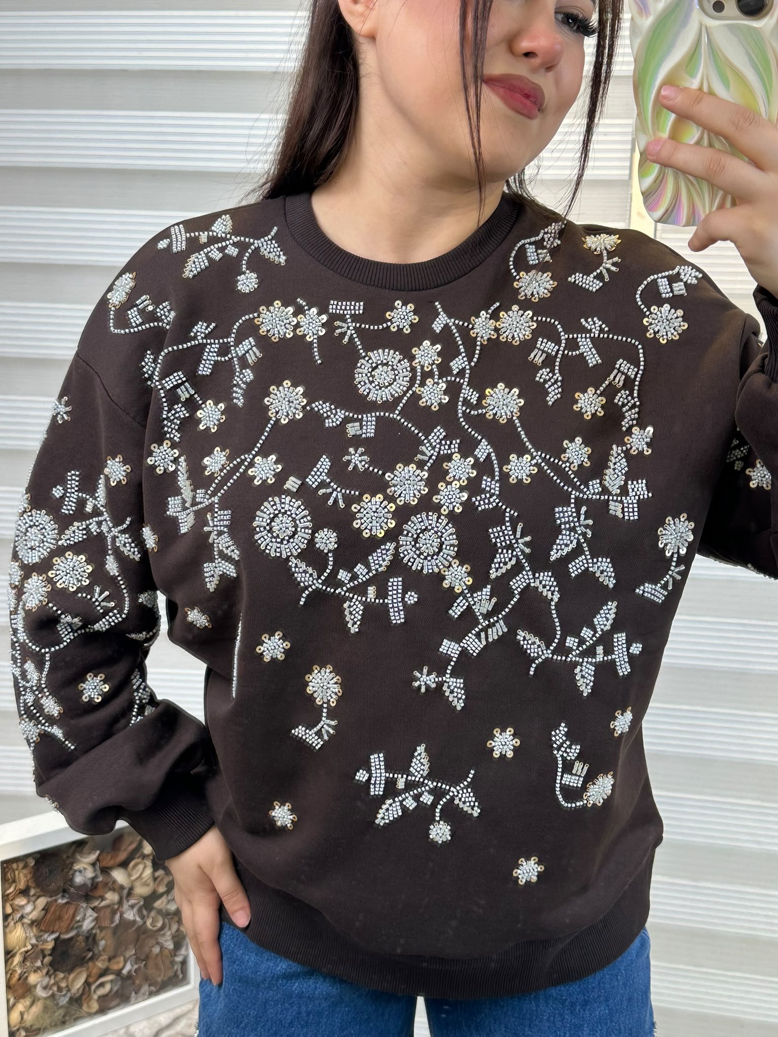 Boncuk İşlemeli Kahve Sweat Ceket