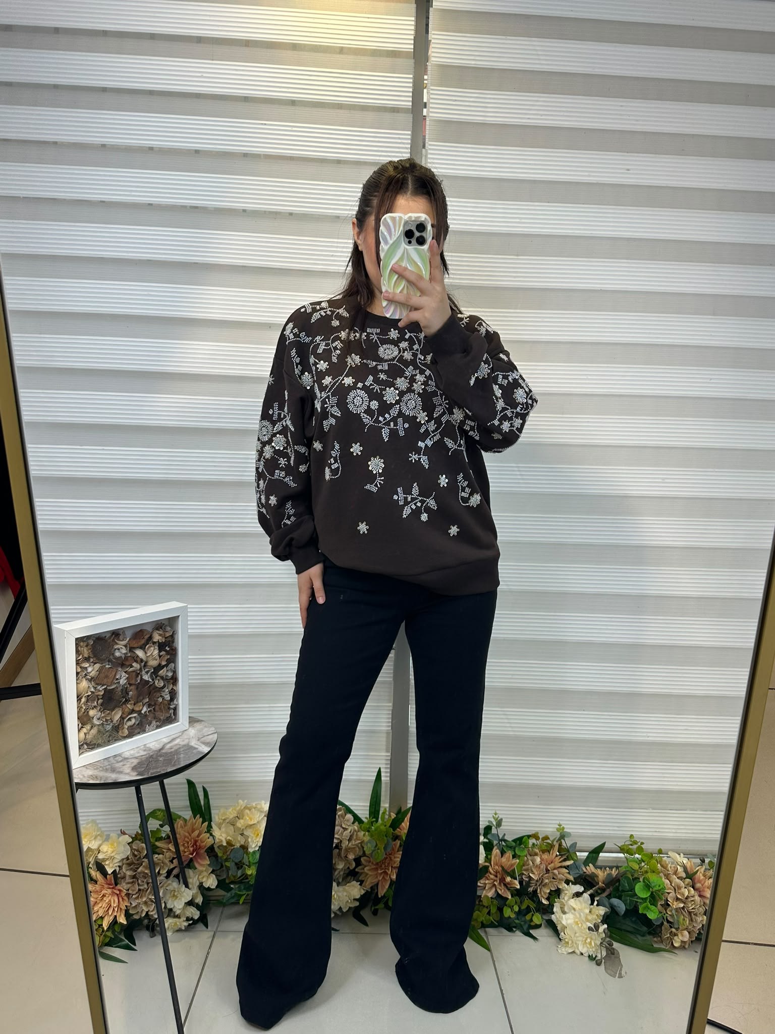 Boncuk İşlemeli Kahve Sweat Ceket
