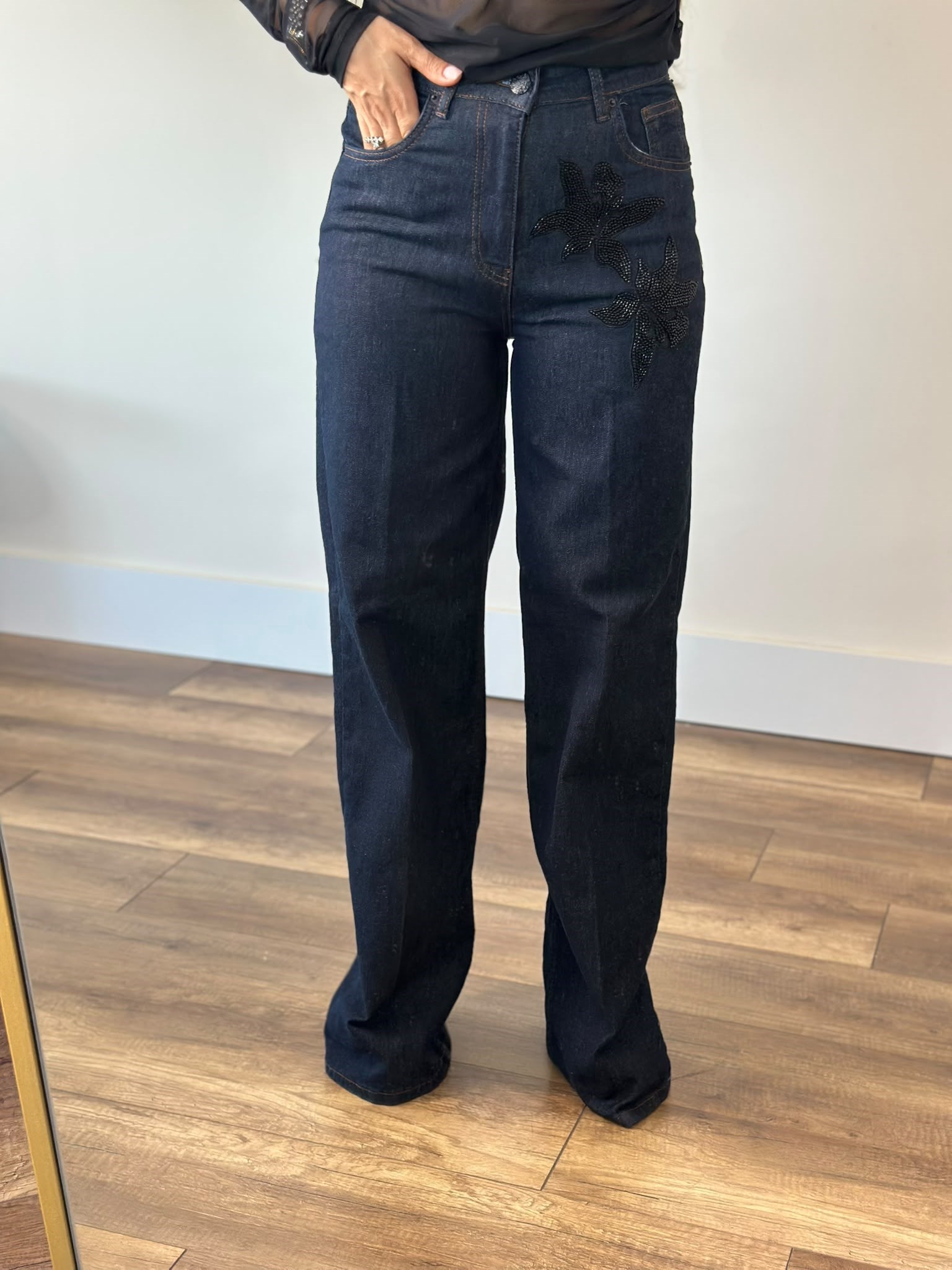 Boncuk İşlemeli Kot Denim