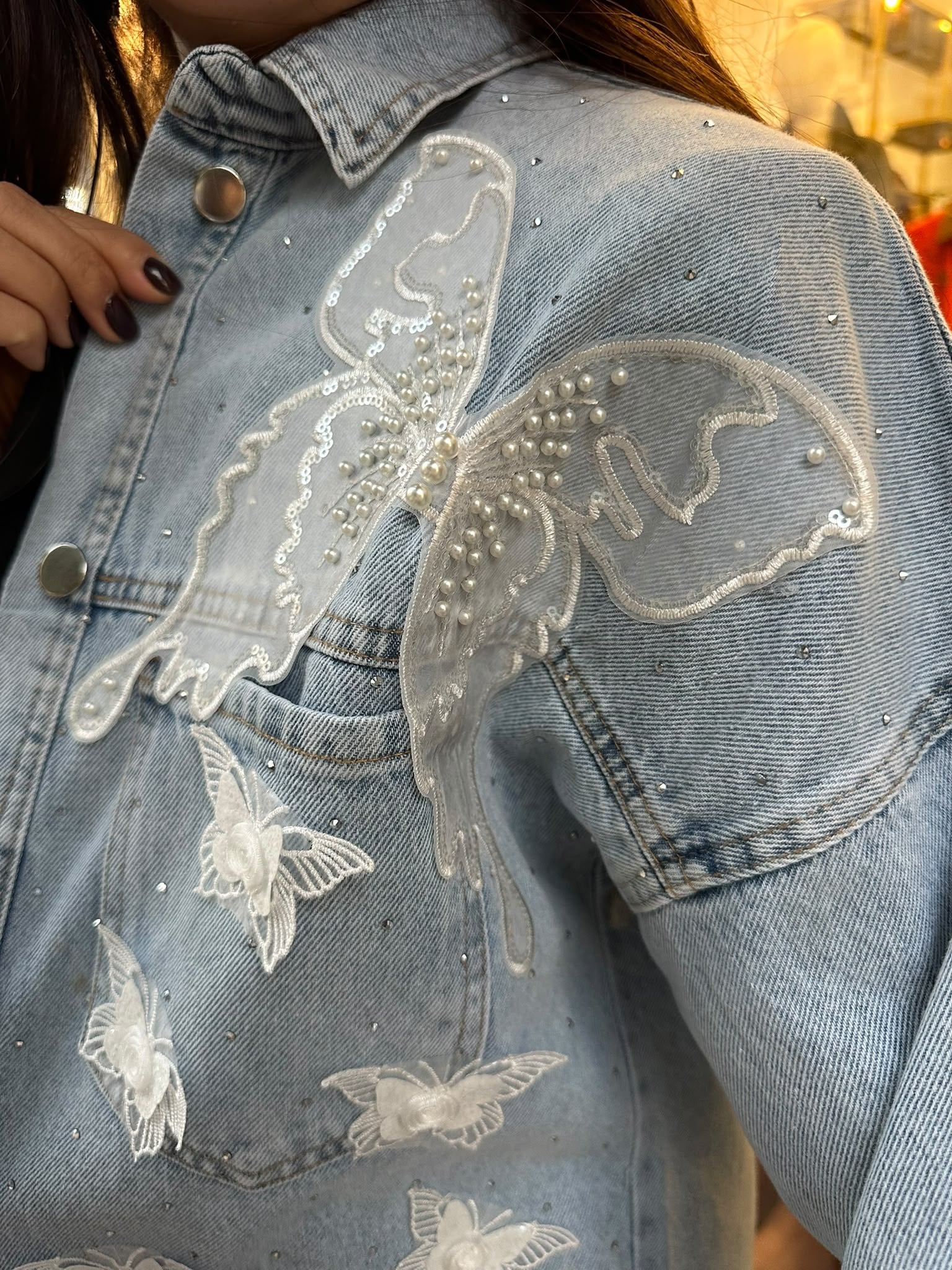 Boncuklu Kelebekli Denim Ceket