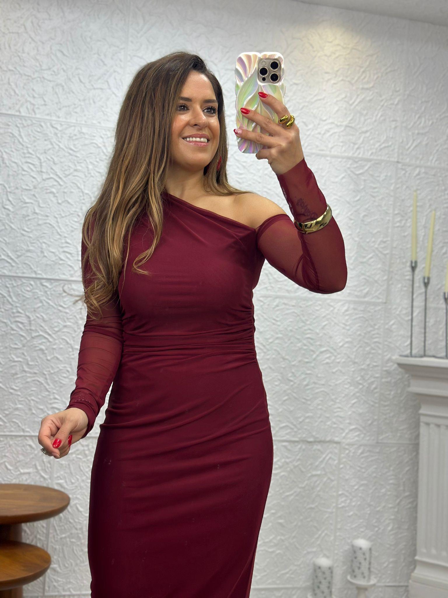 Bordo Büzgülü Elbise