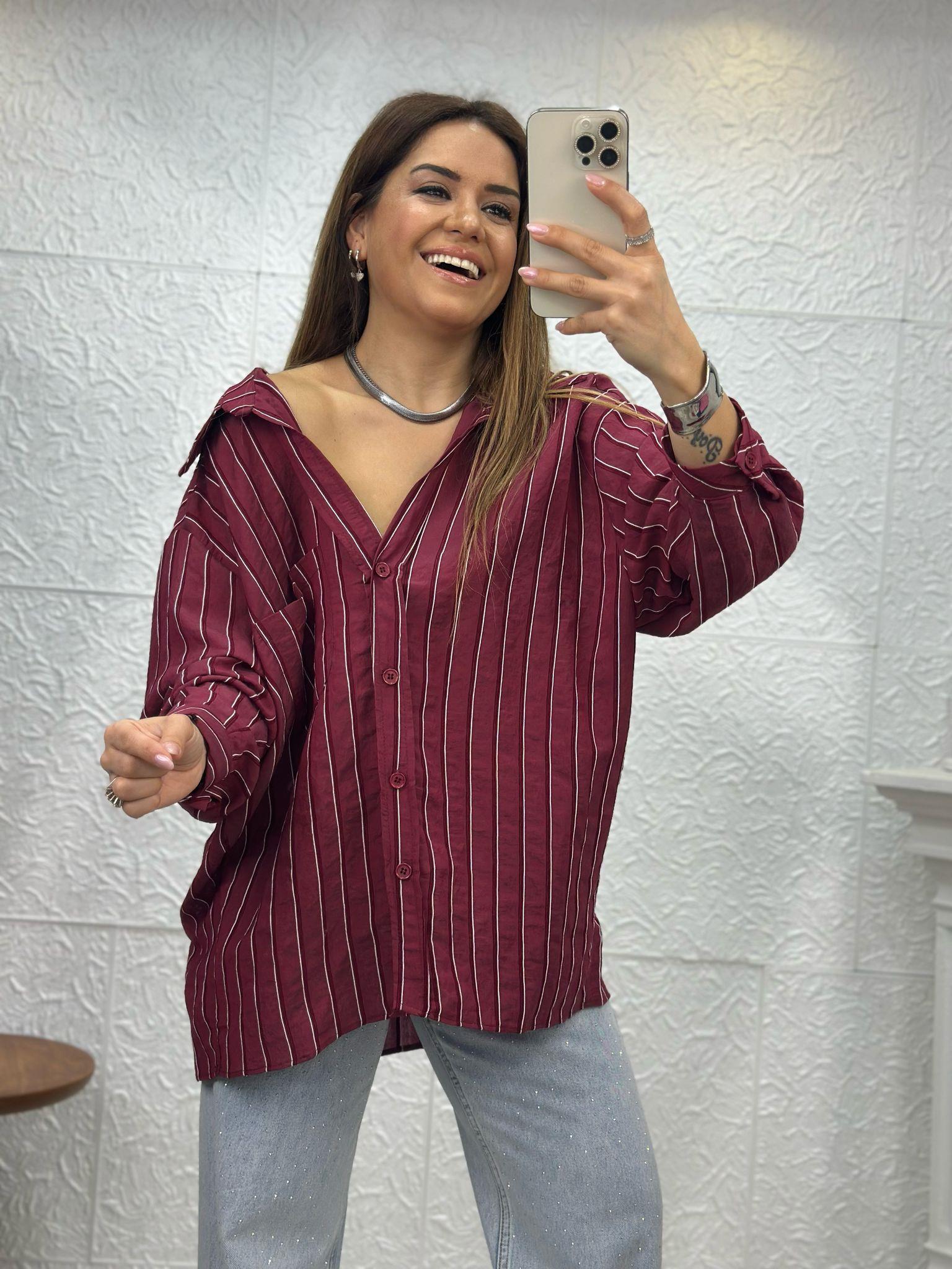 Bordo Çizgili Oversize Gömlek