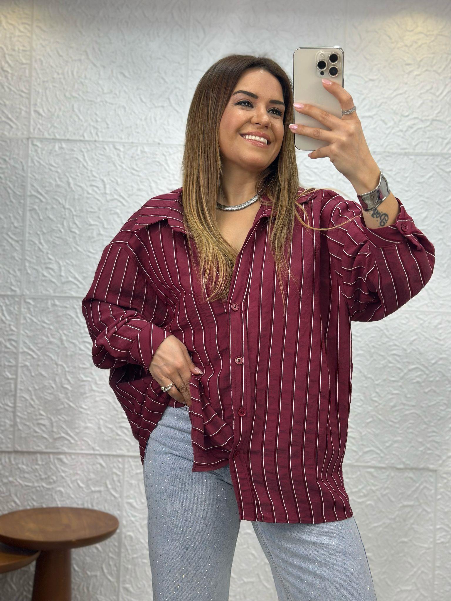 Bordo Çizgili Oversize Gömlek
