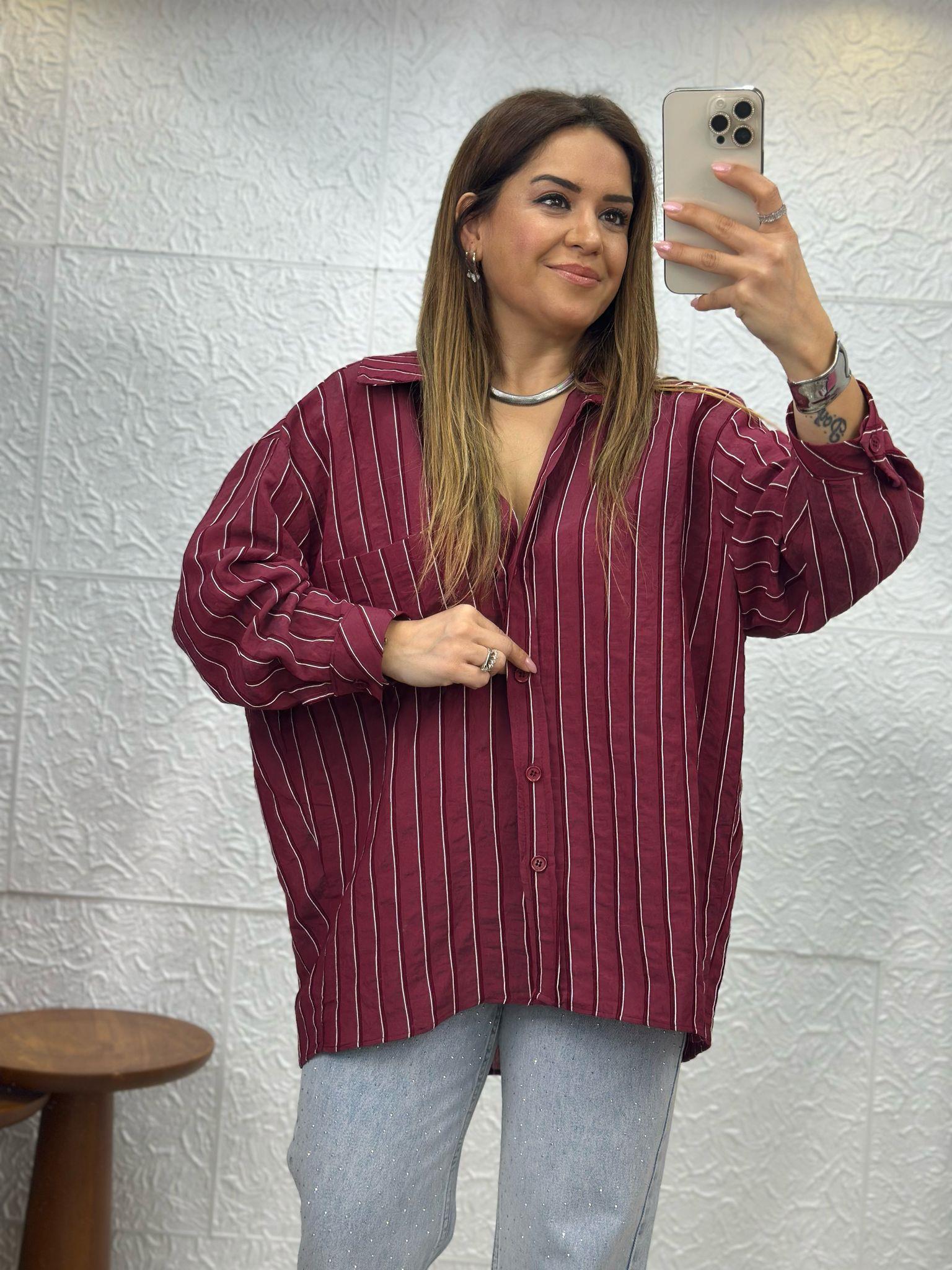 Bordo Çizgili Oversize Gömlek