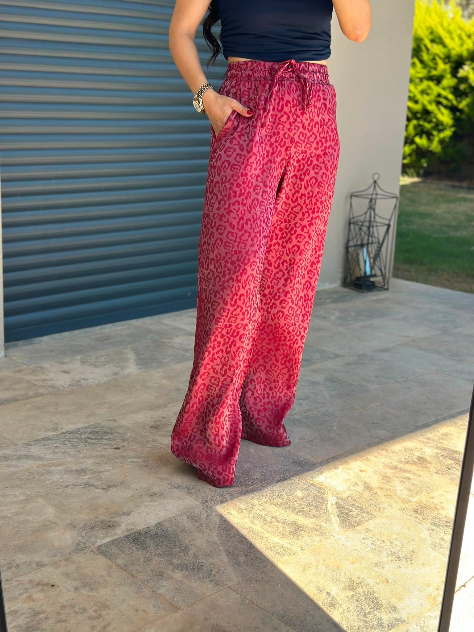 Bordo-Gri Leopar Bol Paça Pantolon
