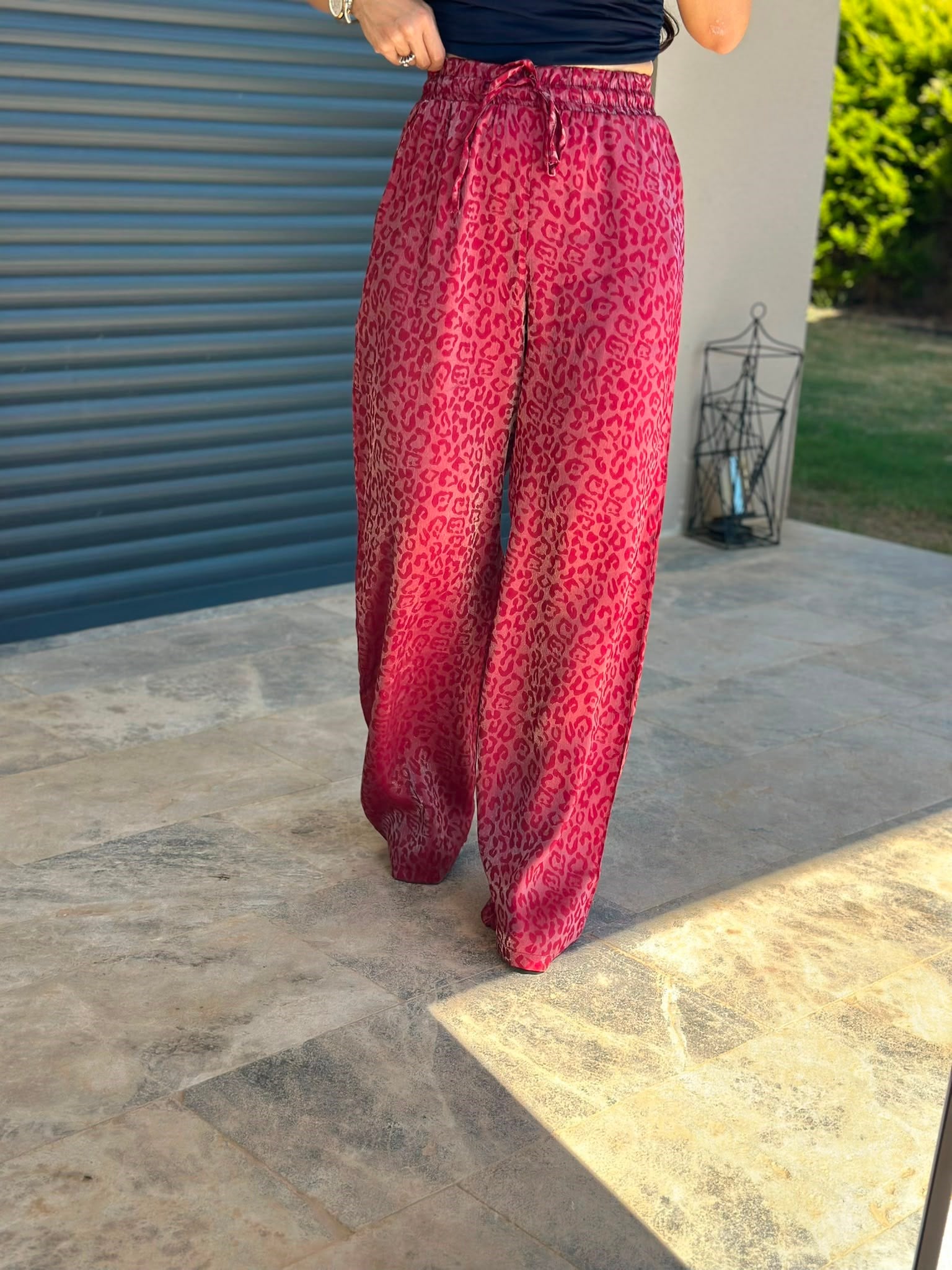 Bordo-Gri Leopar Bol Paça Pantolon